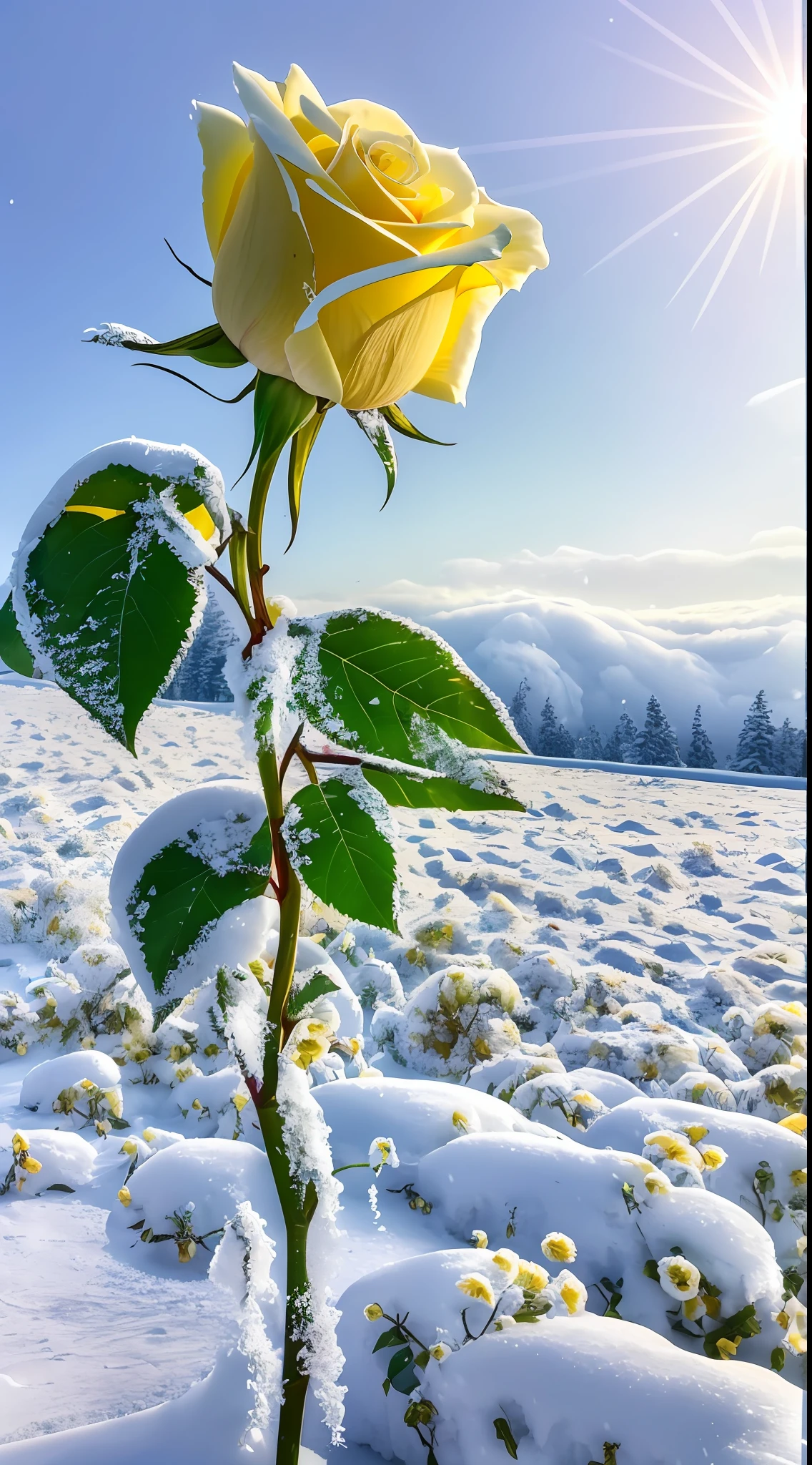 In winter,There is a yellow rose full of flowers in the snow,The flowers and leaves are covered with dust and snow,The flowers are frozen,In the distance is a white snowy field,Beautiful nature,Beautiful photography,Cold but beautiful,cinematric light,4K photography,8K high quality detailed art