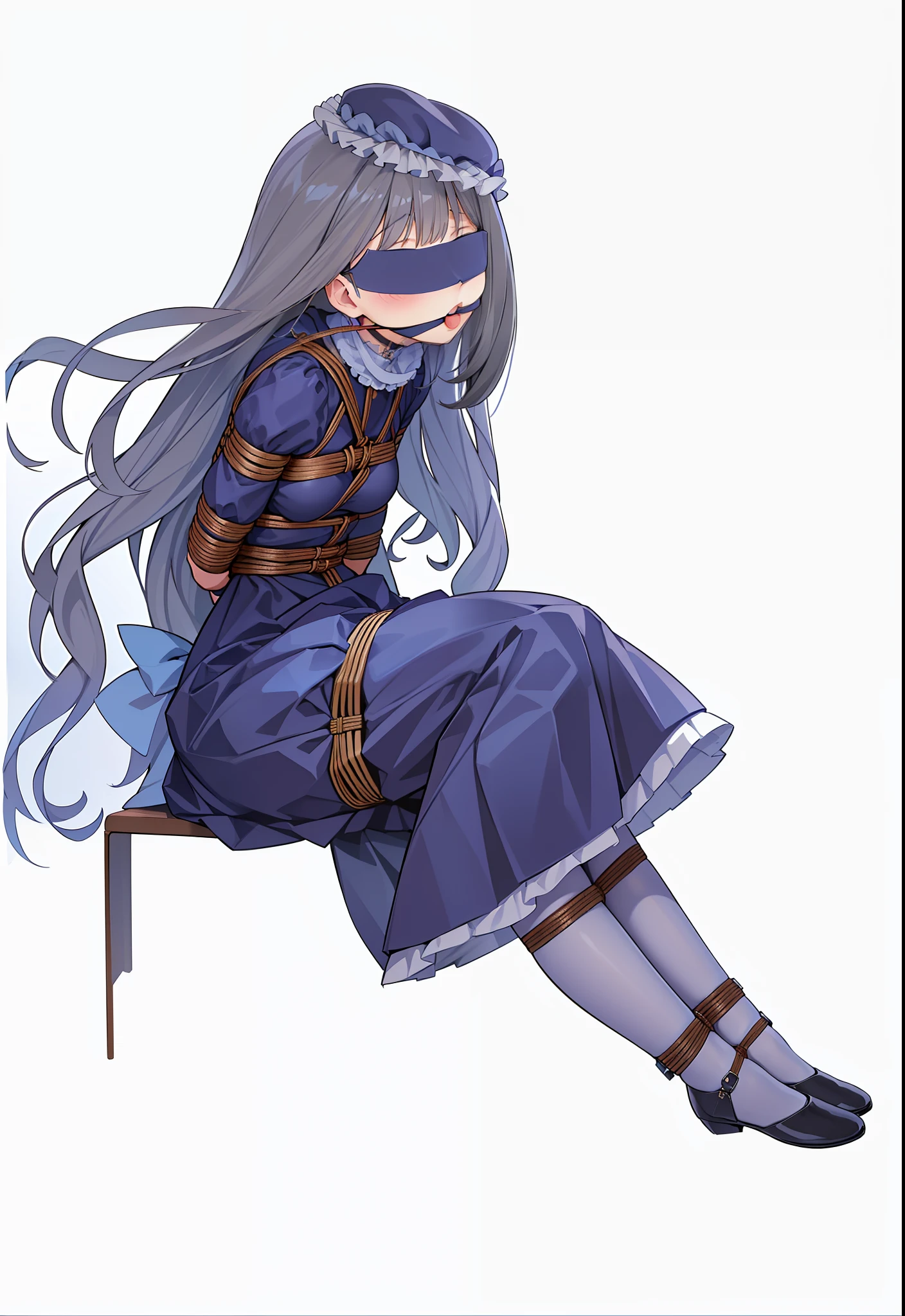 masterpiece, best quality, girl,(((ojousama))), ((blush)),hat,black hair, blue eyes,blue dress,((lolita_fashion)),((white pantyhose)),((((mary_janes)))), ((arms_behind_back)),((legs together)), (((bondage))), (((shibari))),(((gag))),