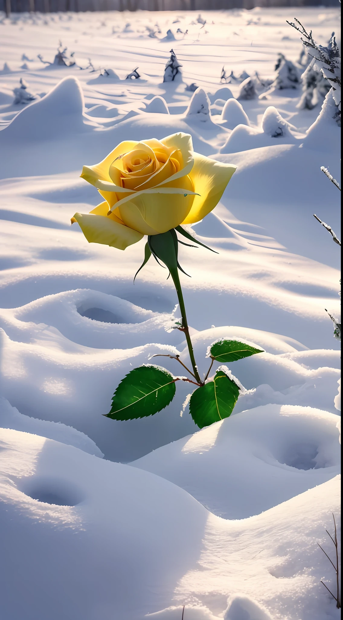 In winter，There is a yellow rose full of flowers in the snow，The flowers and leaves are covered with dust and snow，The flowers are frozen，In the distance is a white snowy field，Beautiful nature,Beautiful photography,Cold but beautiful,cinematric light,4K photography,8K high quality detailed art