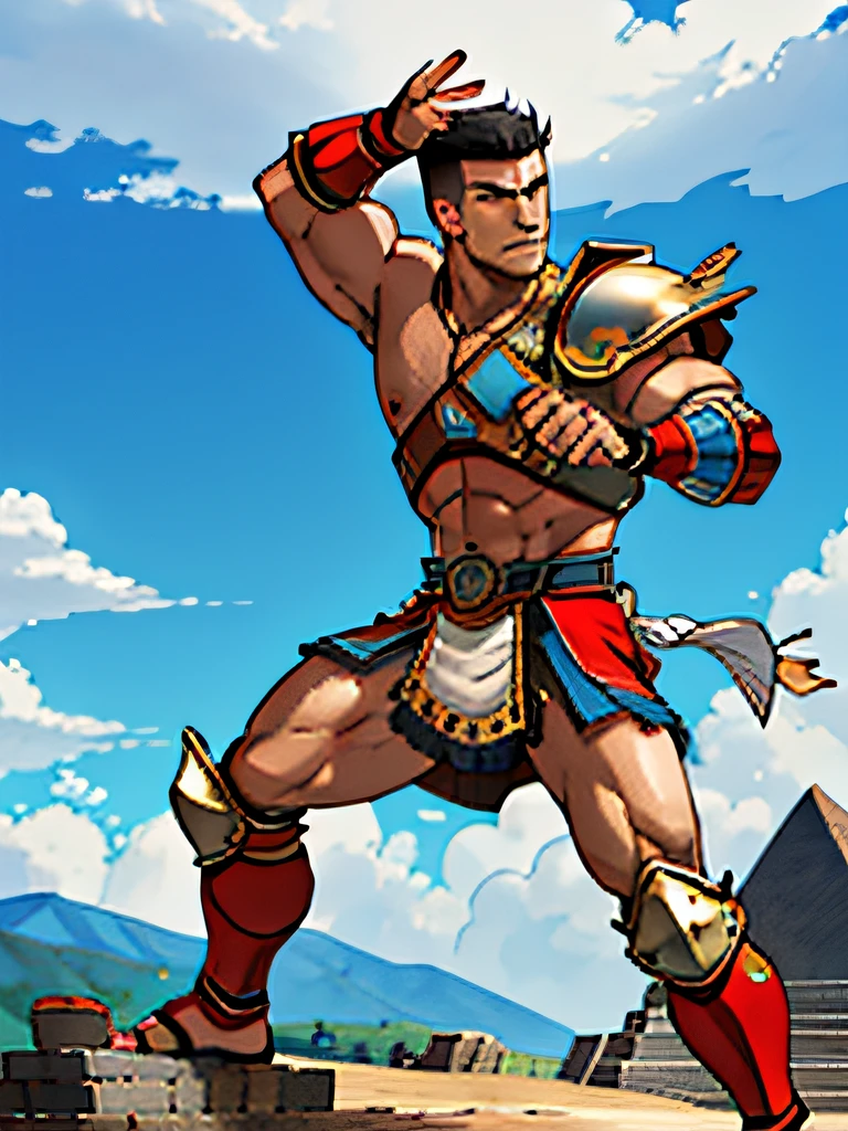 male warrior, short hair shaved to one side, dynamic pose, aggressive pose, dressed in armor from the Spanish conquest period ((background a sky full of clouds)) (Aztec pyramid background)