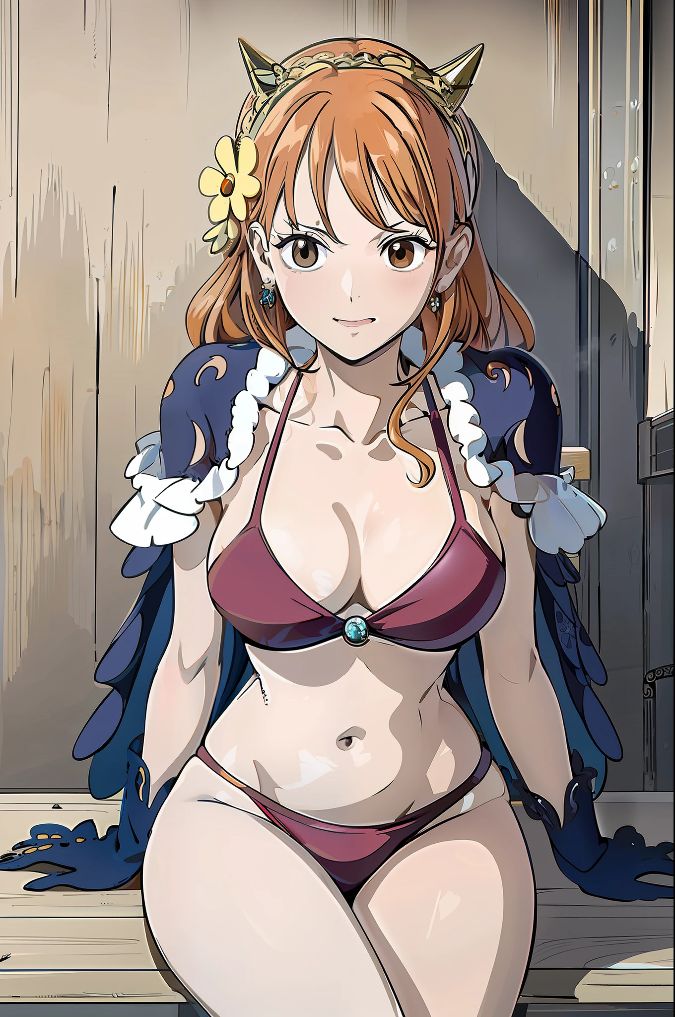 masterpiece, ((ultra detailed background, delicate pattern, intricate detail)), (highly detailed, fine details), best quality, ((medium breasts, slim girl)), NamiChan, 1girl, orange hair, solo, long hair, jewelry, ((medium breasts, slim girl, left shoulder tattoo)), hair ornament,not using dress