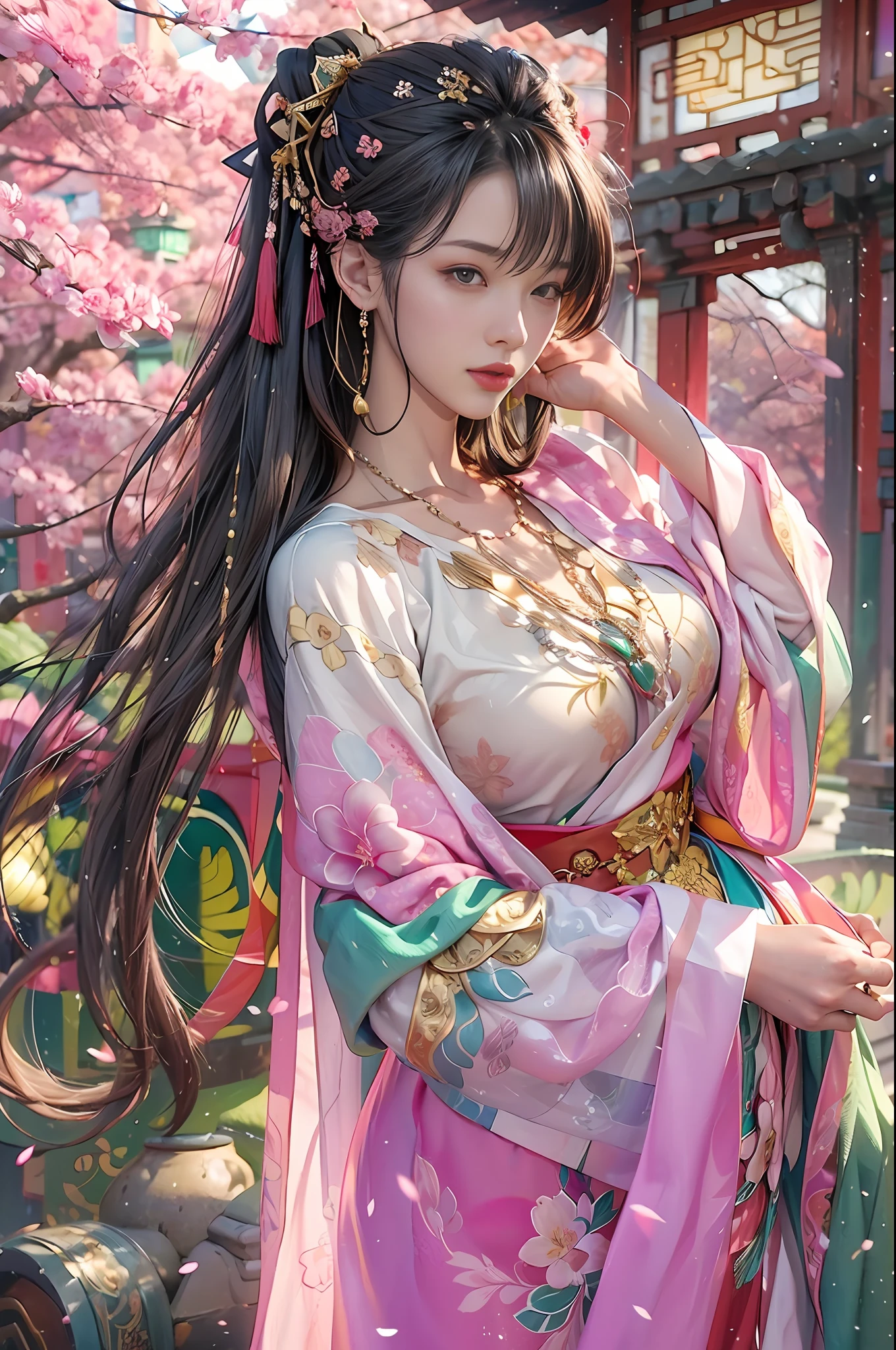 Gilded Chinese Palace,Look at viewers,depth of fields,bokeh dof,light falling,((A MILF))、Pregnant Woman、、Big belly、pink  dress、Cherry blossoms are blooming、a lot of cherry blossom、
see-through underware、one girls、Red Shirt、a black skirt、huge-breasted、
Brown-eyed、(The long-haired、A dark-haired、Very straight hair:1.4、hime-cut:1.4)、Earring Necklace、pouty、
a picture、​masterpiece、top-quality、nffsw、hight resolution、realistic detail、glistning skin、mature figure、Plump body、voluptuous breasts、perfect bodies、Wide waist、colourfull、looking at the viewers、hyper realisitic、from the front side、watercolor paiting、Traditional Media、(chromatic abberation、intricate detailes)、dynamicposes、dynamic ungle、
40k、nffsw、Hi-Res、Angle from below、ancient Chinese costume、Ancient Chinese style hairstyle、up hairstyle、Wearing white silk cloth all over the body、