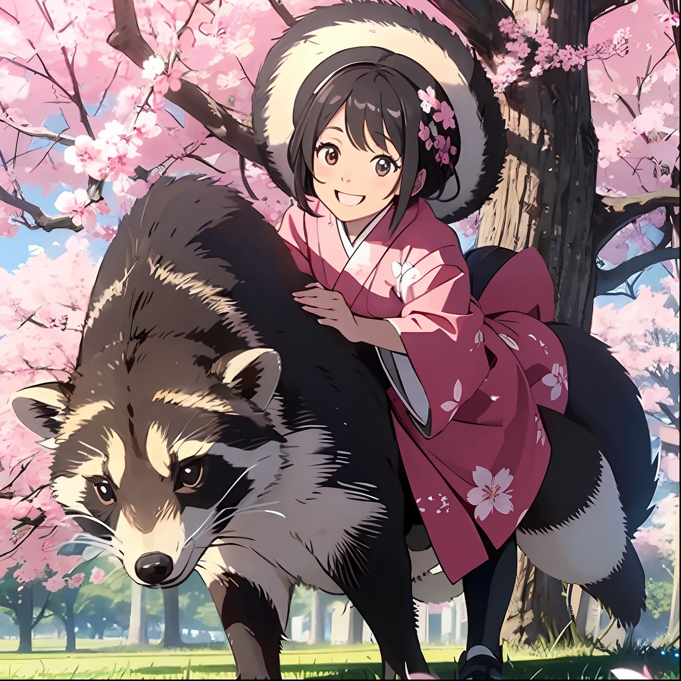 A happy girl in a kimono rides a large raccoon and runs through a meadow with dancing cherry blossom petals.. Salta sobre charcos, Threaded floor angle