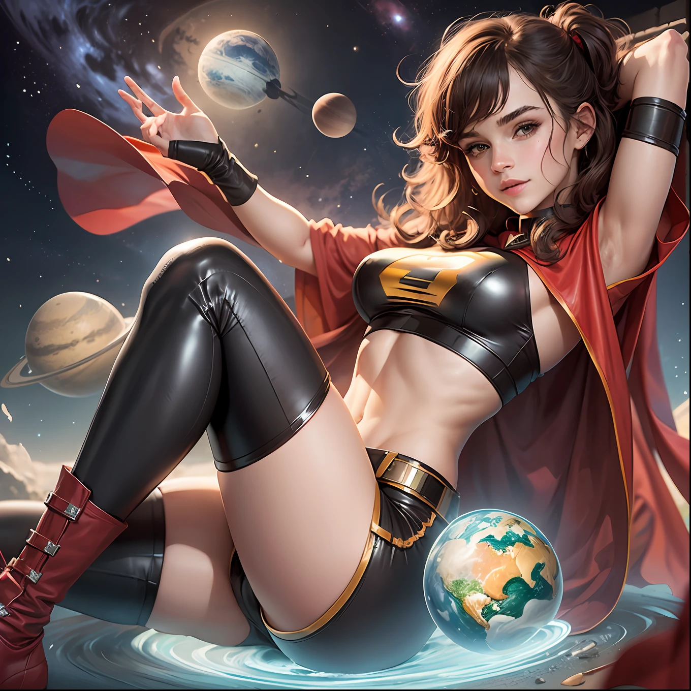 a beautiful teen emma watson as a super heroine. with a gentle smile her vibrant and youthful features create a striking ethereal beauty. Her spandex shorts and crop top adheres to her skin, black and shiny, contours her slim and perfect body. background space and planets. red cape.