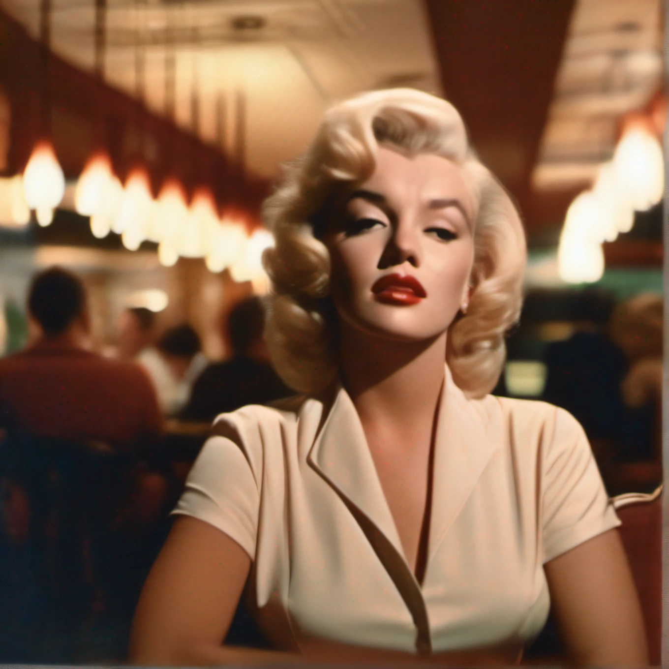 marilyn monroe in a 1960s movie in a restaurant looking sad and despondent, cinematic, photo real, 2:40 aspect ratio, backlit, panavision, depth of field