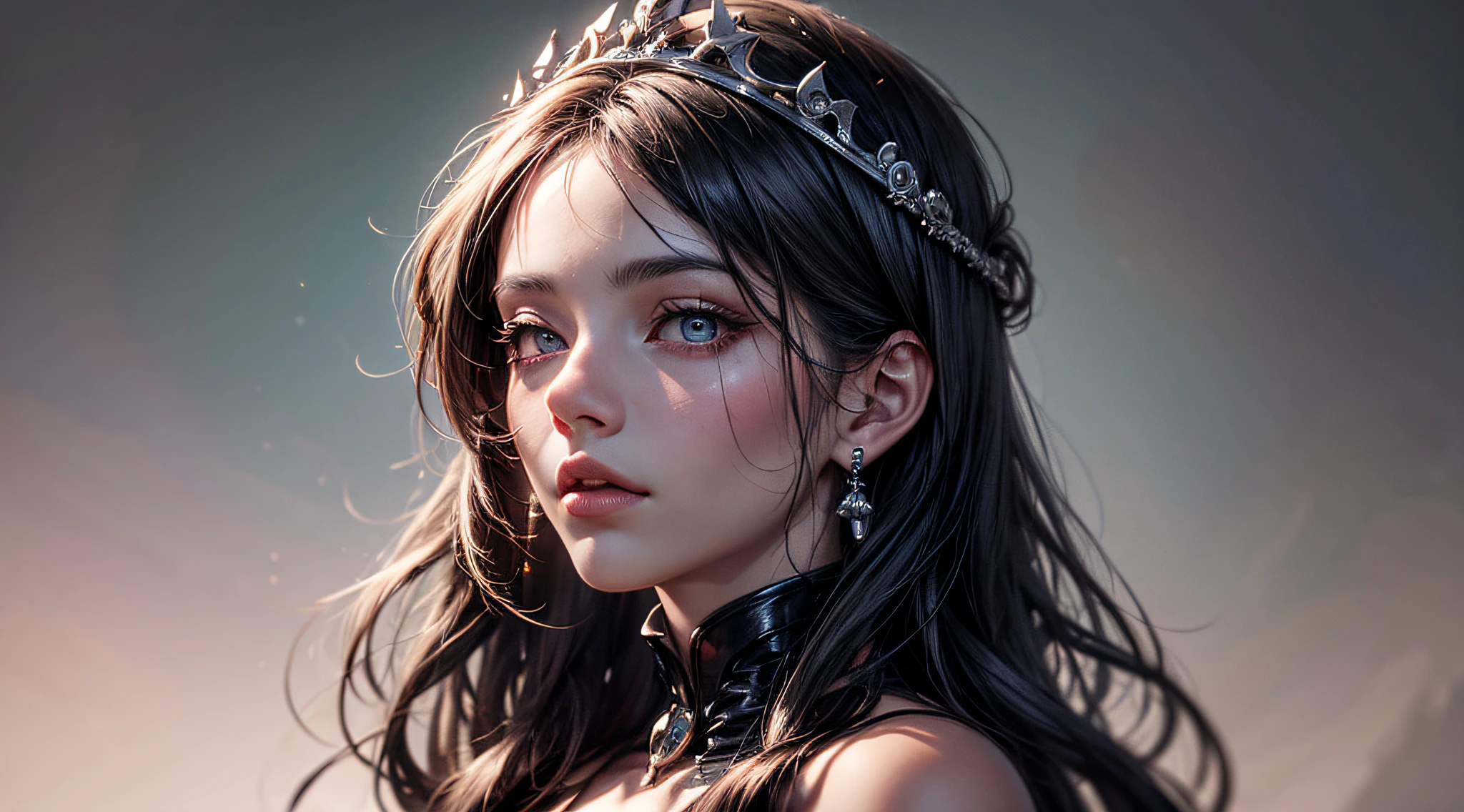 (obra-prima, melhor qualidade, realista: 1.37), (intrincado e delicado, pele e rosto altamente detalhados), Beautiful Queen in Suite Black Dress, envolvendo em luxuosos vestes escuras com cabelo preto, Dark roses and skull adorn her cloth, (tiara, rosas, ornamental skull, preto, escuro), olhos azuis, floresta nevada no fundo, cinematic soft lighting, papel de parede 8k, unidade, artstation, High-resolution CG