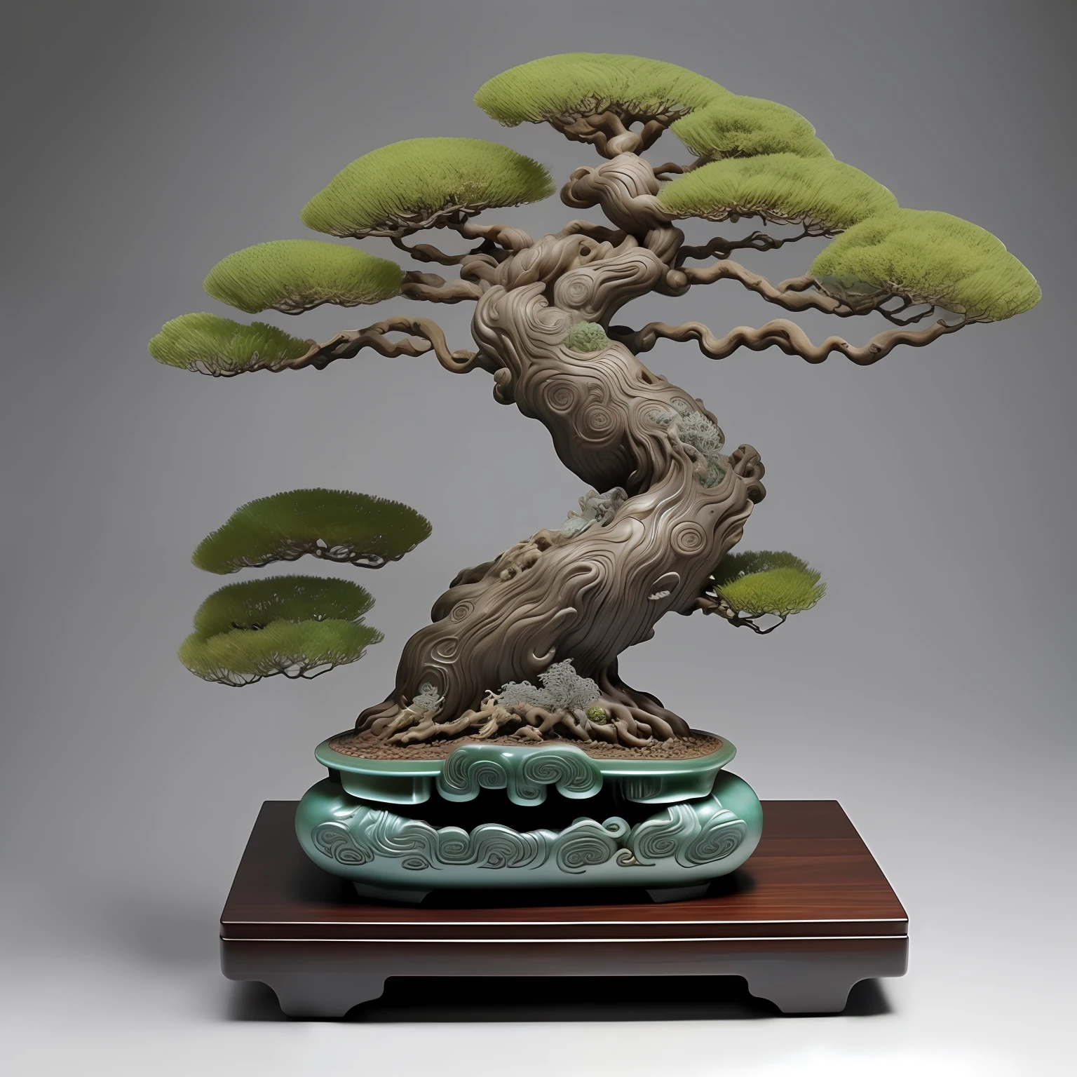 a close up of a bonsai tree on a wooden base, made of bonsai, inspired by Li Shixing, jade sculpture, by Ma Lin, chinese art, by Wang Duo, realistic glass sculpture, by Li Song, by Pu Hua, by Yu Zhiding, by Yang J, resin art, yanjun chengt, beautiful glass work, by Li Fangying