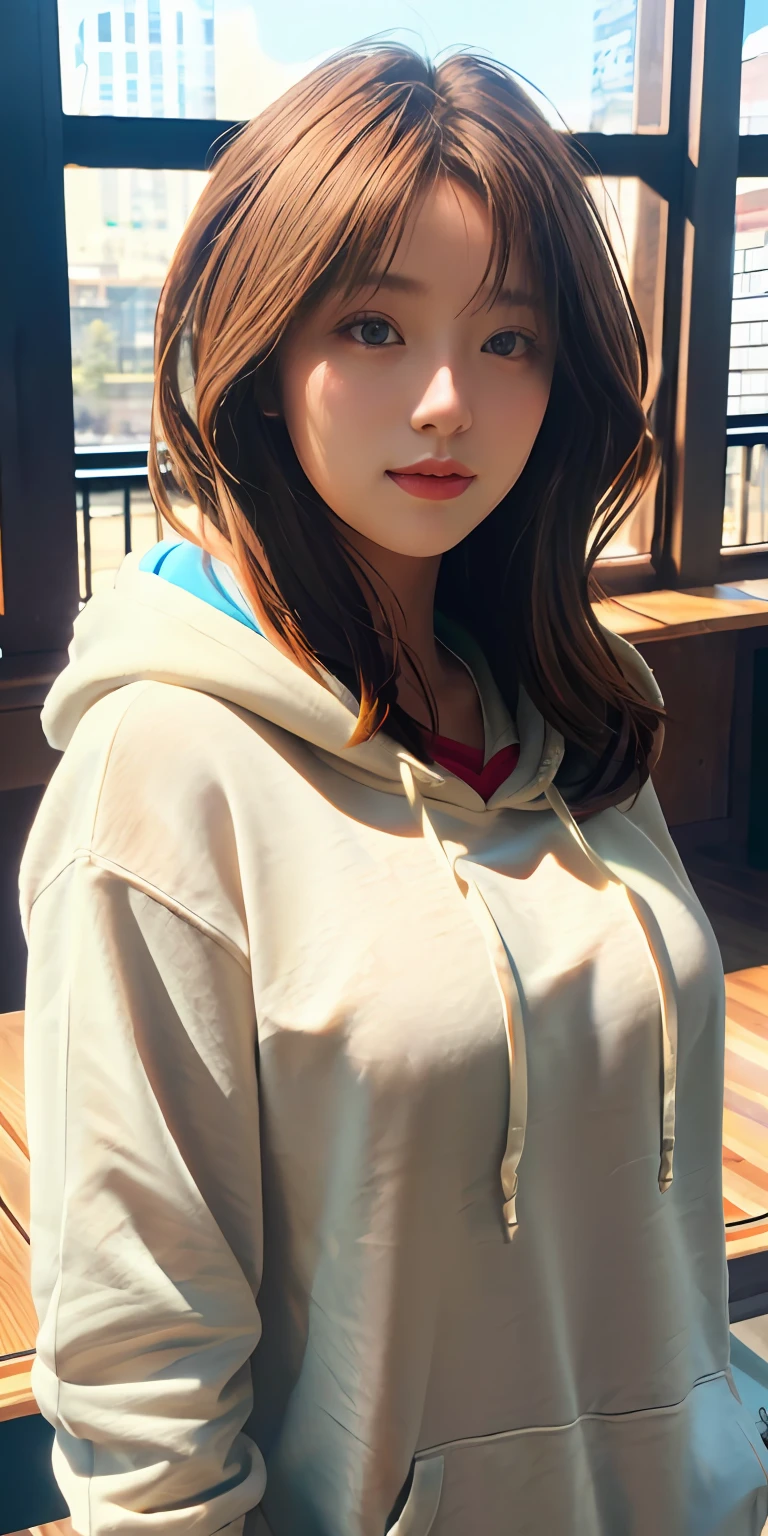 1girl, masterpiece, top quality, 8k hdr, RAW, looking at viewer, intricate details, sharp focus, natural lighting, realistic, professional, delicate, amazing, finely detailed, beautiful detailed, colourful, medium hair, brown hair, upper body, hoodie, medium breasts