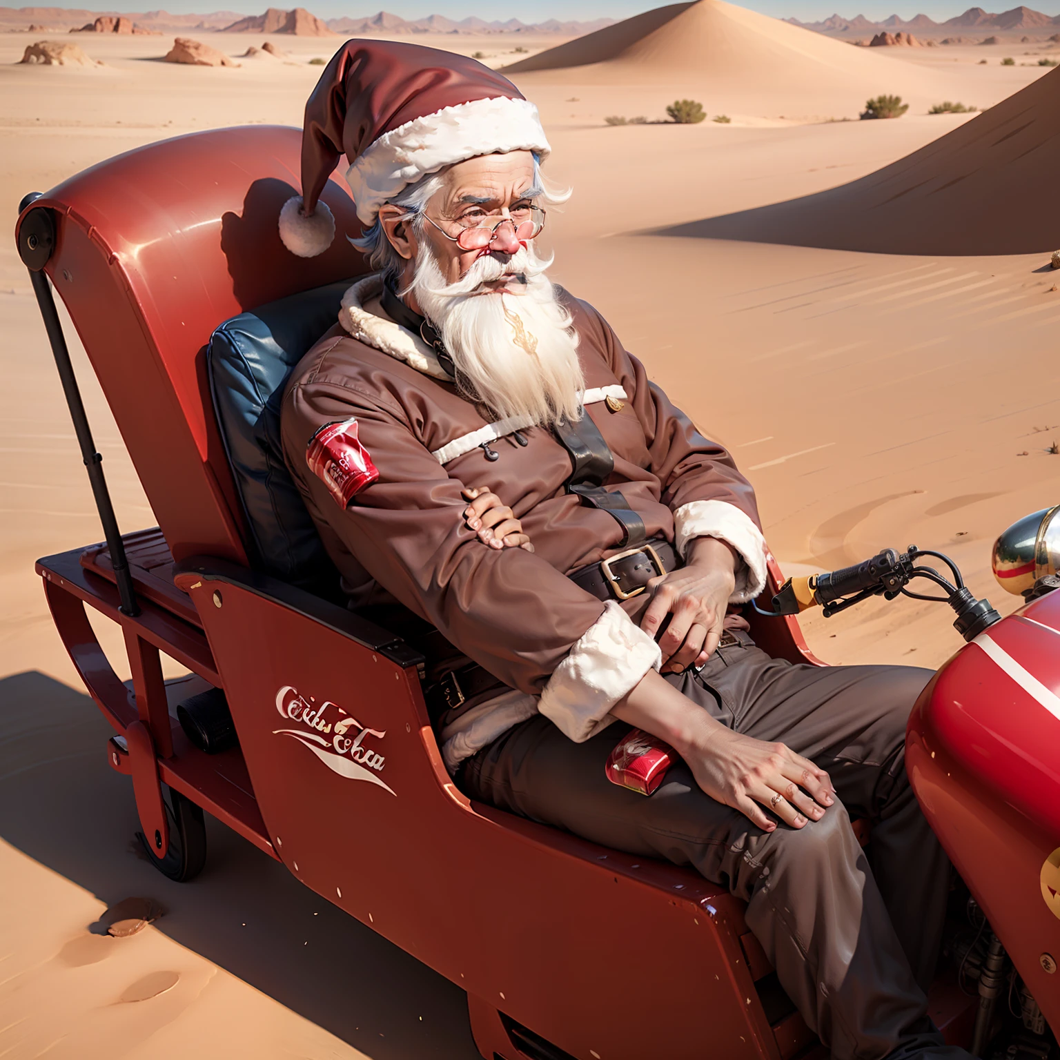 Santa Claus with sleigh in a desert, carrafa de vidro de coca cola