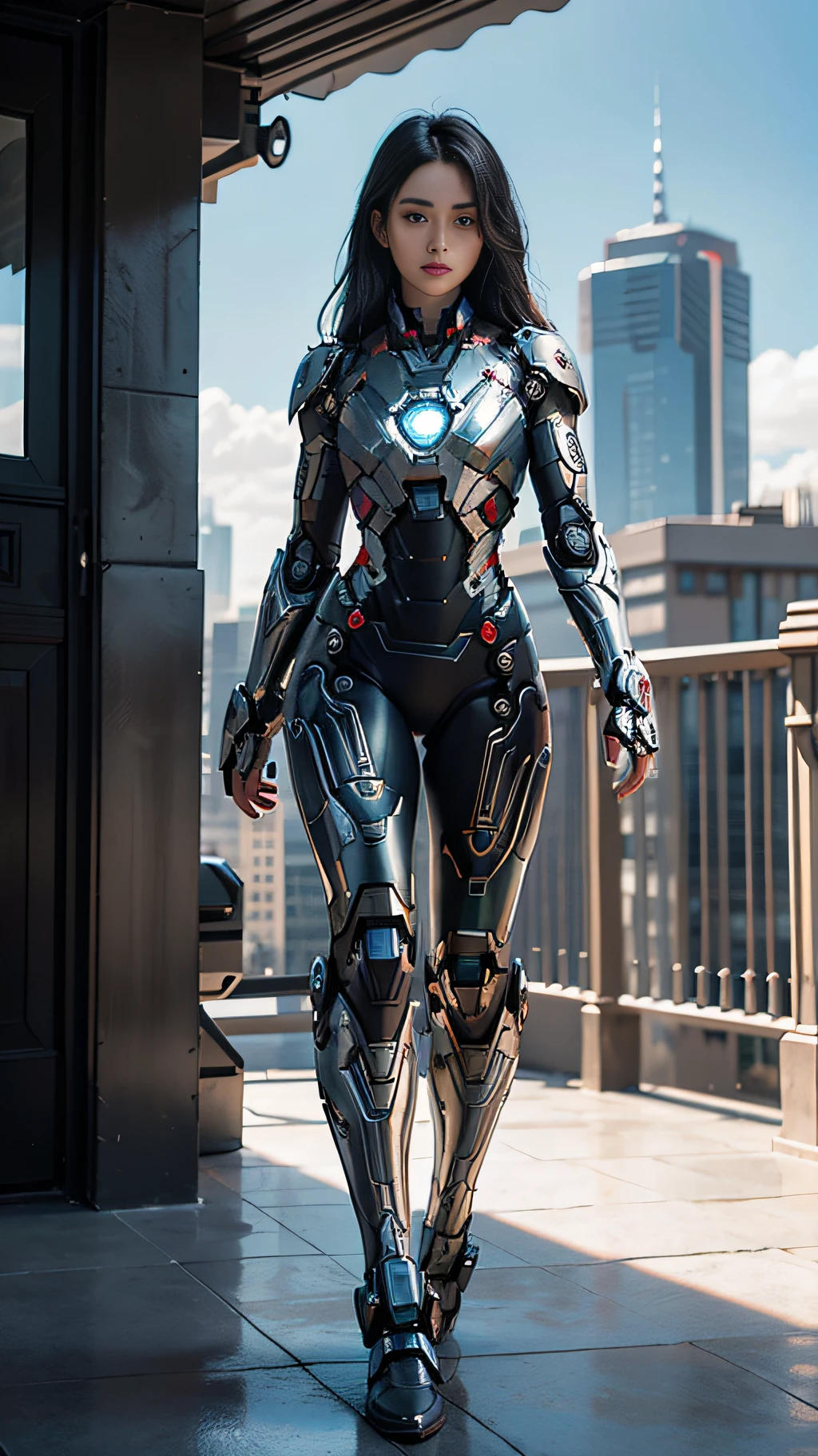 Realistic movie scene of a 20-year-old woman standing full body in a cyberpunk barren with stunning cloudscapes. (wearing an Iron Man mech) on her insanely complex anatomically adapted (graphene: 1.1) biomechanically symmetrical arms and biomechanically symmetric legs. Extremely detailed, elegant and ornate symmetrical fractal detail with Kyanite gemstone. Scene captured with bright soft natural light, dramatic shadows and beautiful vibrant colors. Romantic art style. 8k resolution image with cyberpunk style, intricate symmetrical details. The whole picture is indomitable and heroic. It is mainly a complete picture of a man standing with his whole body, smooth movements and confident expression.