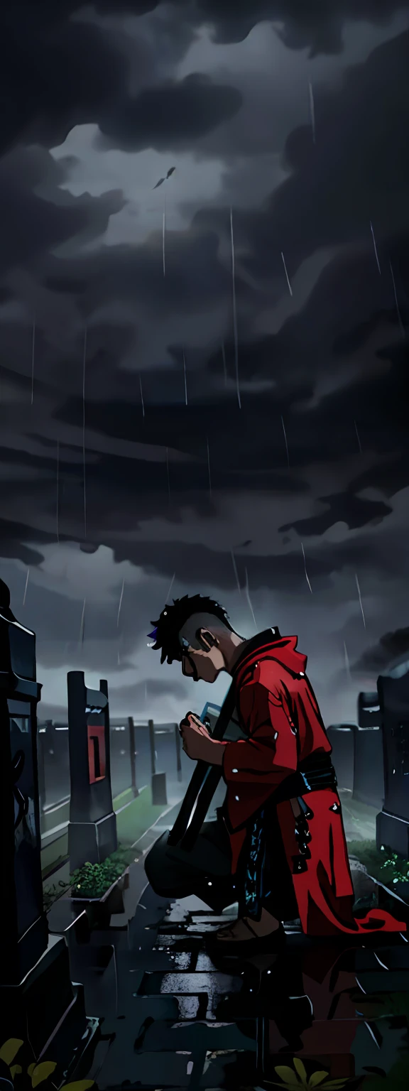Lone warrior in a rainstorm,Kneel at a friend's grave,Tears and rain washed away his wounds。