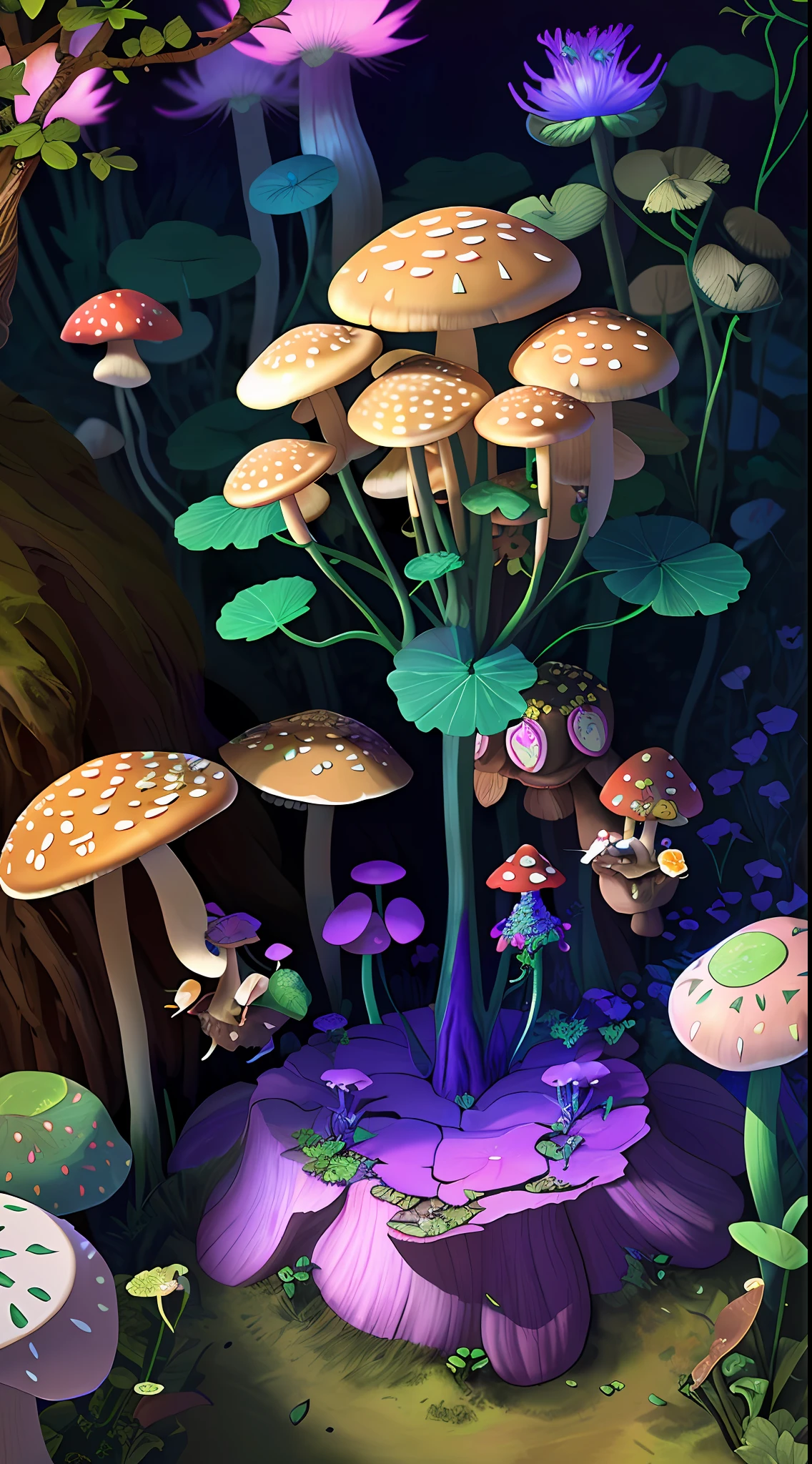 "Mushroom forest，butterflys，lotuses，the elf，four-leaf clover，Cyber Mushroom Forest，Ultra-detailed digital fantasy art。Mushrooms are everywhere in the picture，The unique mushroom shape creates a magical casa scene。"