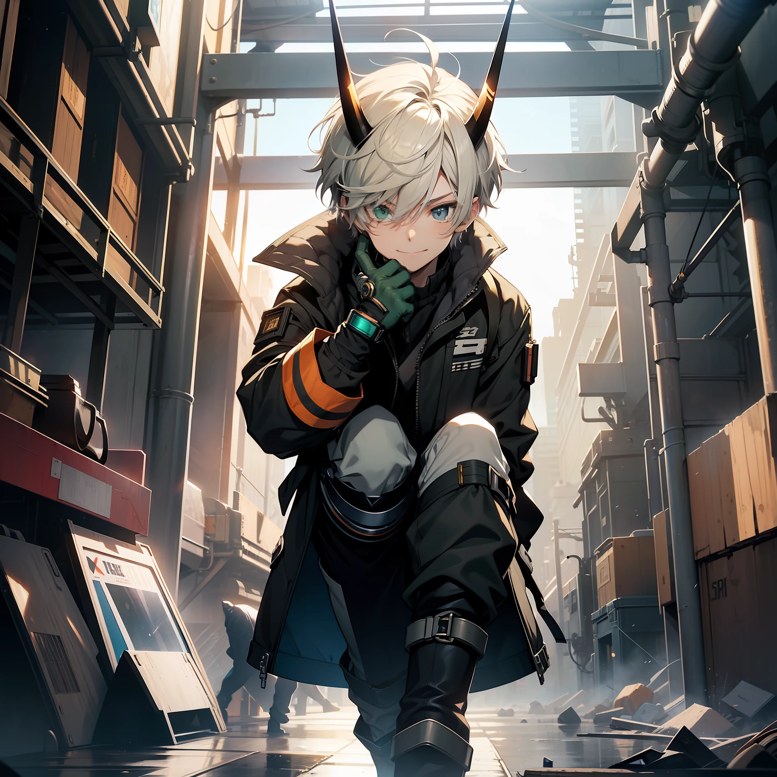 Masterpiece, Best quality, Comic, Science_fiction, English, Solo, Boy, Short hair, whaite hair, ahoge, crossed bangs, Disheveled hair, Heterochromia , Light smile, Green eyes, Blue eyes, Cropped jacket , mechanical leg, knee_Boots, goggles, half gloves , oni horns, Pants