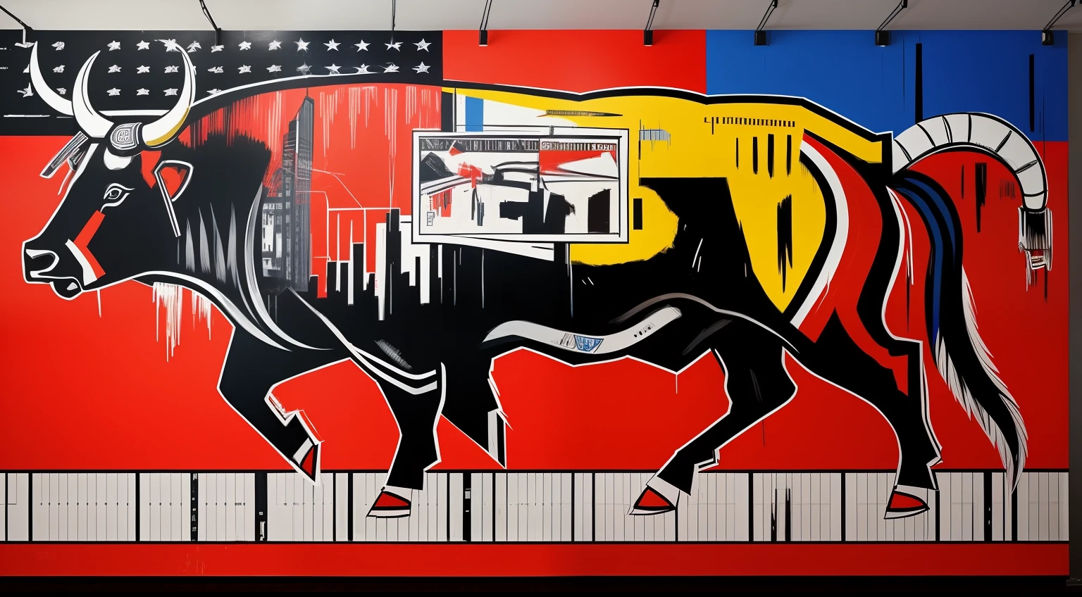 １bull、Like Basquiat's paintings、Wall Street、buliding、newyork、cache、money、an extremely devious and beautiful