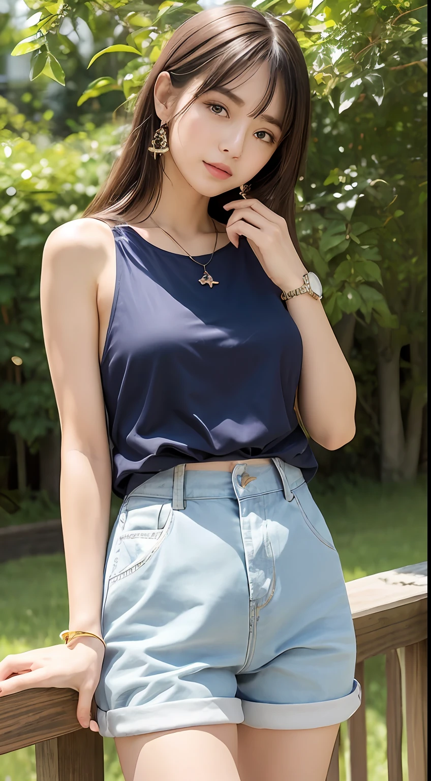 ((Daytime、Bright outdoor、top-quality、8K、masterpiece:1.3))、小柄、Short stature、1a person、abdominals、Small buttocks、Brown longhair、small tits、Smaller chest、Small bulging breasts)、shortpants、off shoulders、Bright outdoor、hyperdetailed face、A detailed eye、Back double eyelid、piercings、a necklace、wrist watch、anklets、teak、cute little、childish