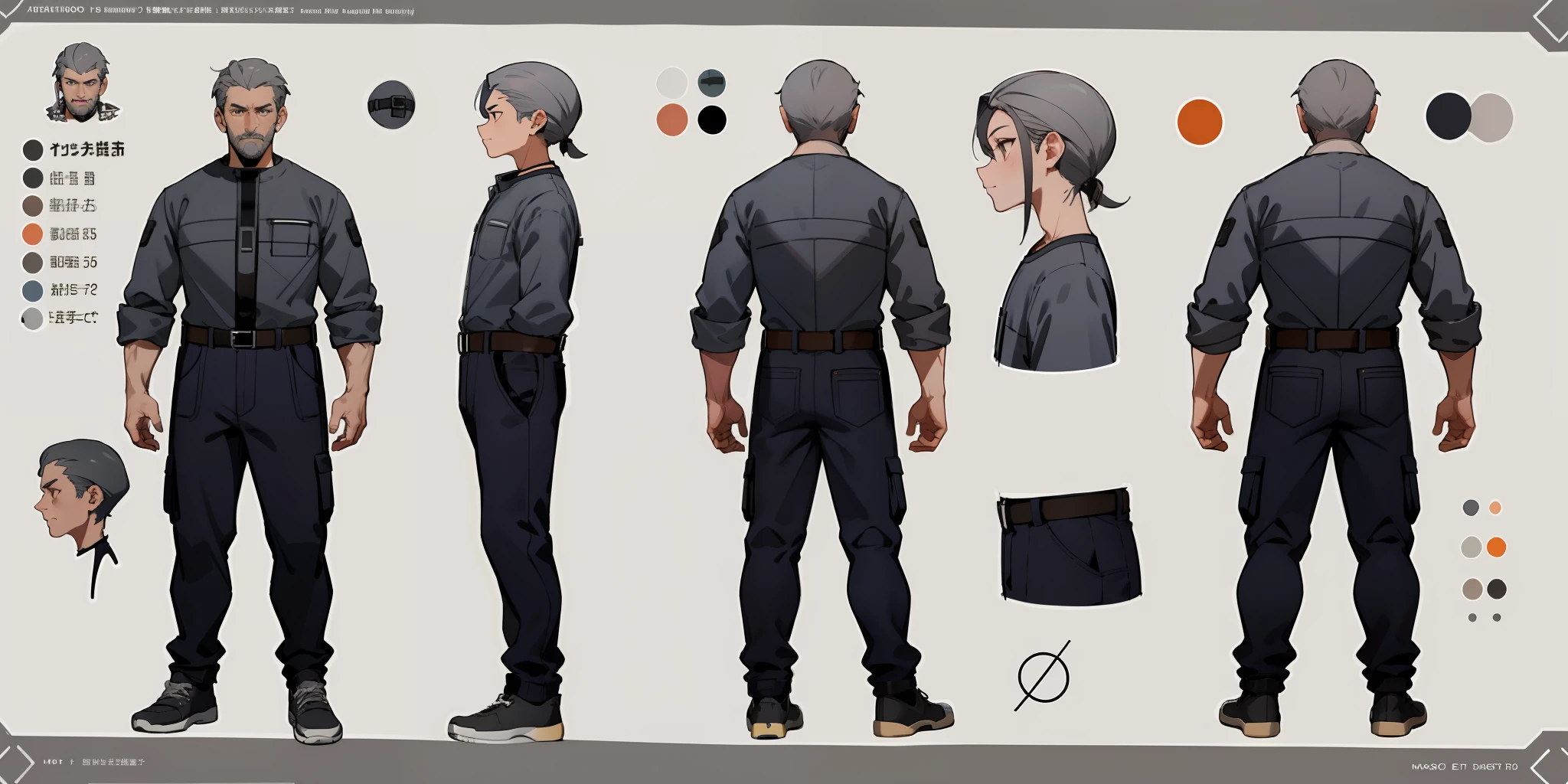 1 girl, character sheet, concept art, full body, (masterpiece:1.2), (best quality:1.3), 1 middle-aged man, dark gray hair, casual clothes from the Feudal era, lean and malnourished body structure