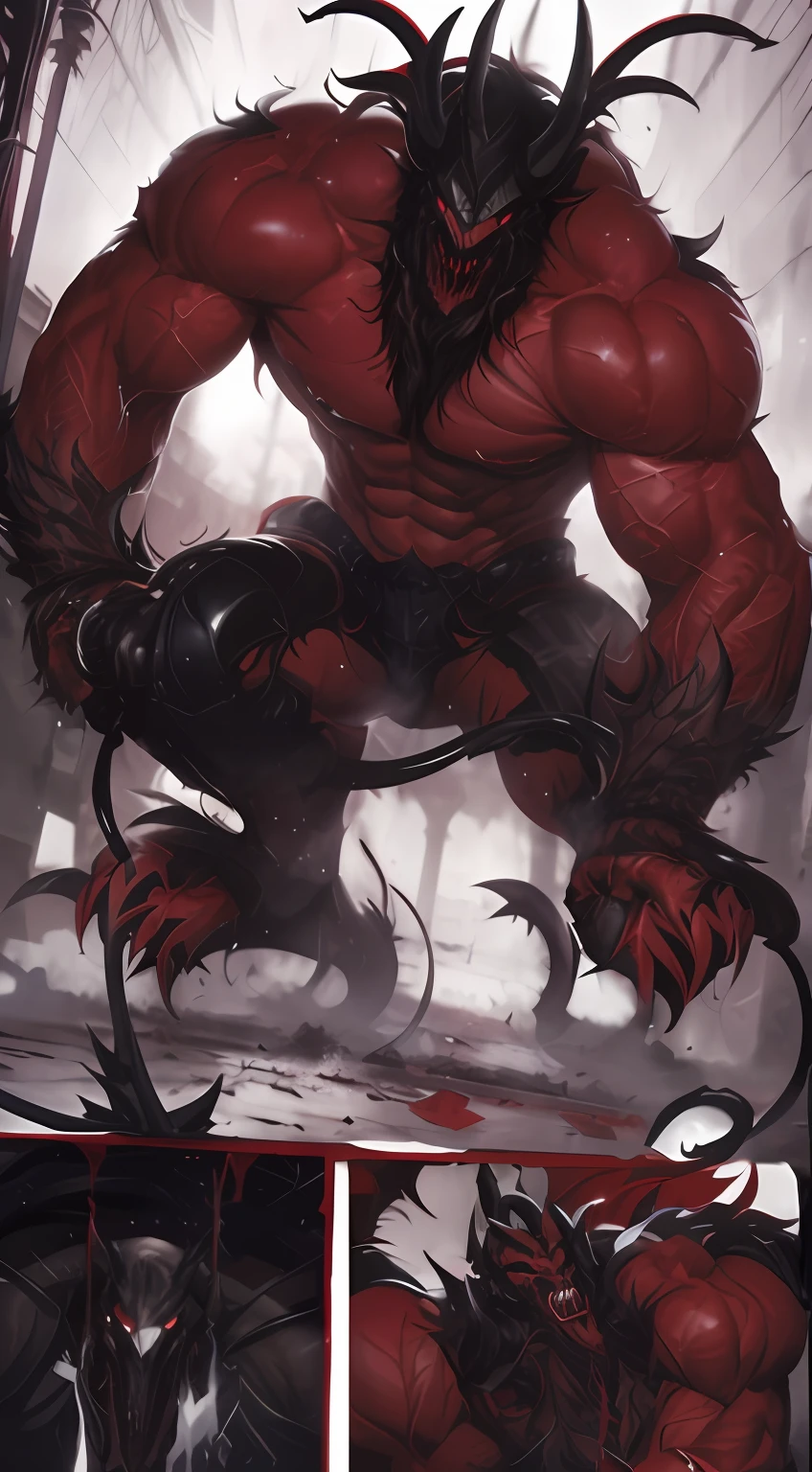 A close-up of a red demon with horns and a devilish face, Venom square, fat ripped satanic creature, full art, villain wearing a red oni mask, Gabriel del Otto, demon berserker, muscled humanoid balrog demon, guillem h. pongiluppi, massacre, inspired by Ryan Barger, Inspired by Simon Beasley, youkai