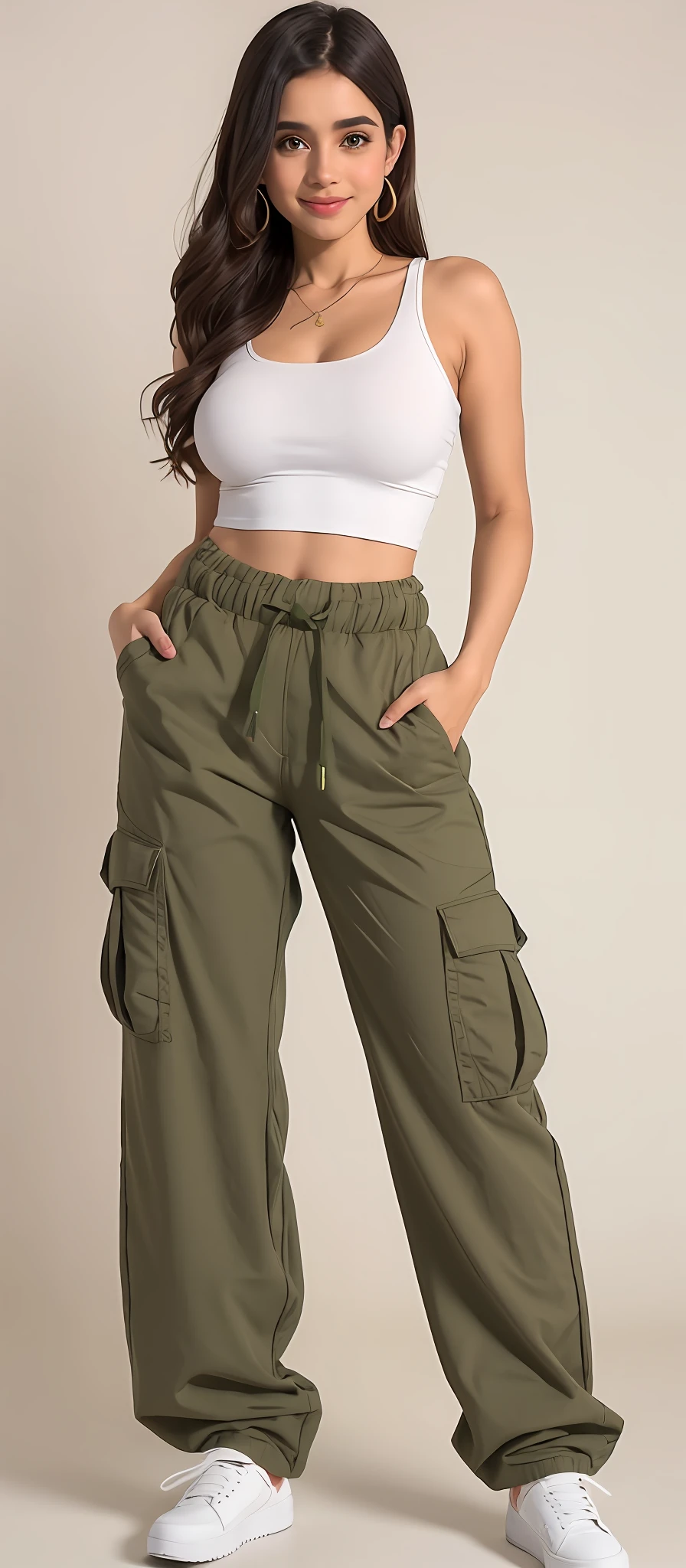 A beautiful woman in a white top and green pants posing for a photo, Olive pants, wearing cargo pants, military pants, baggy pants, large pants, cargo pants, high waist sweatpants, azeitona, Pants, frouxamente cortado, vestindo um baggy, 😭 🤮 💕 🎀, 🤬 🤮 💕 🎀, com dois bolsos frontais, azeitona