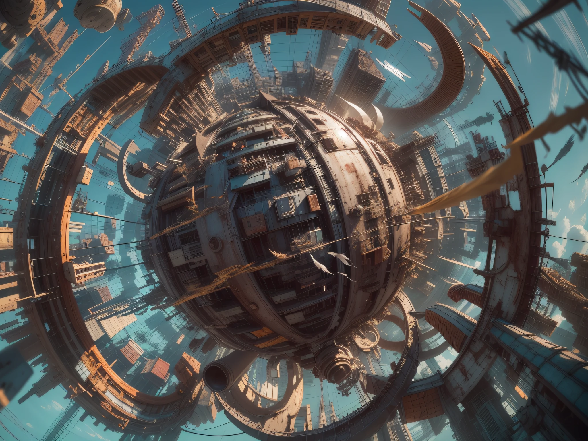 a heavily distorted, fading late morning clear sky, a singular object comprised of contorted feathers/machinery/pipes/rusted components is floating in the air, extra detail, 4kHD details, best resolution, surrealistic composition, extreme camera angle, motion blur, depth of field, foreshortening, tilted camera angle, cinematic lighting, movie scene, precise details, intense details, panoramic image, fish eye lens view, image within image, INTENSE LENS FLARE
