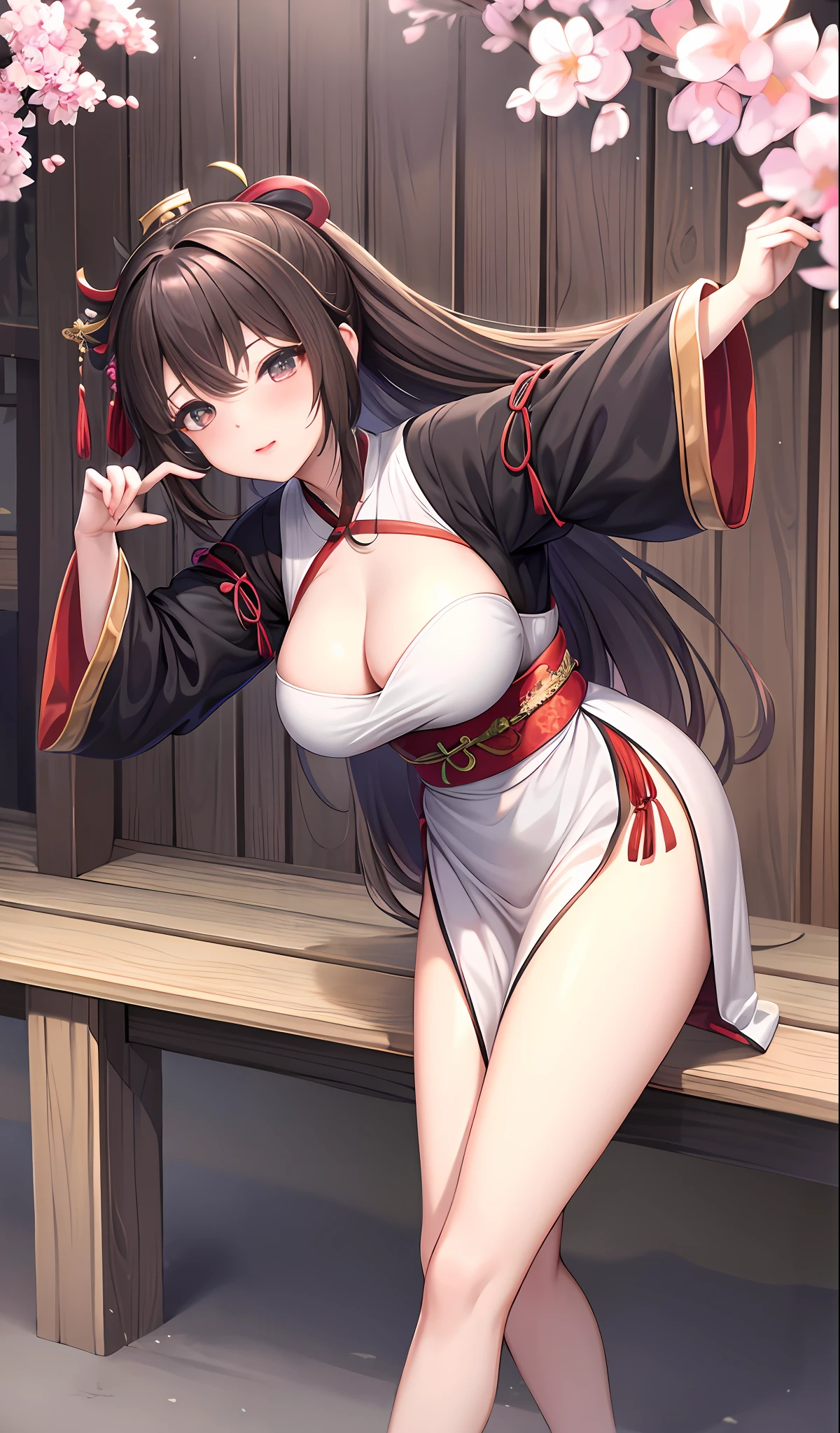 National style，Hanfu，Gorgeous Hanfu，hyper realisitc，Realistis，big breasts exposed cleavage，plumw，Bigchest，slenderlegs