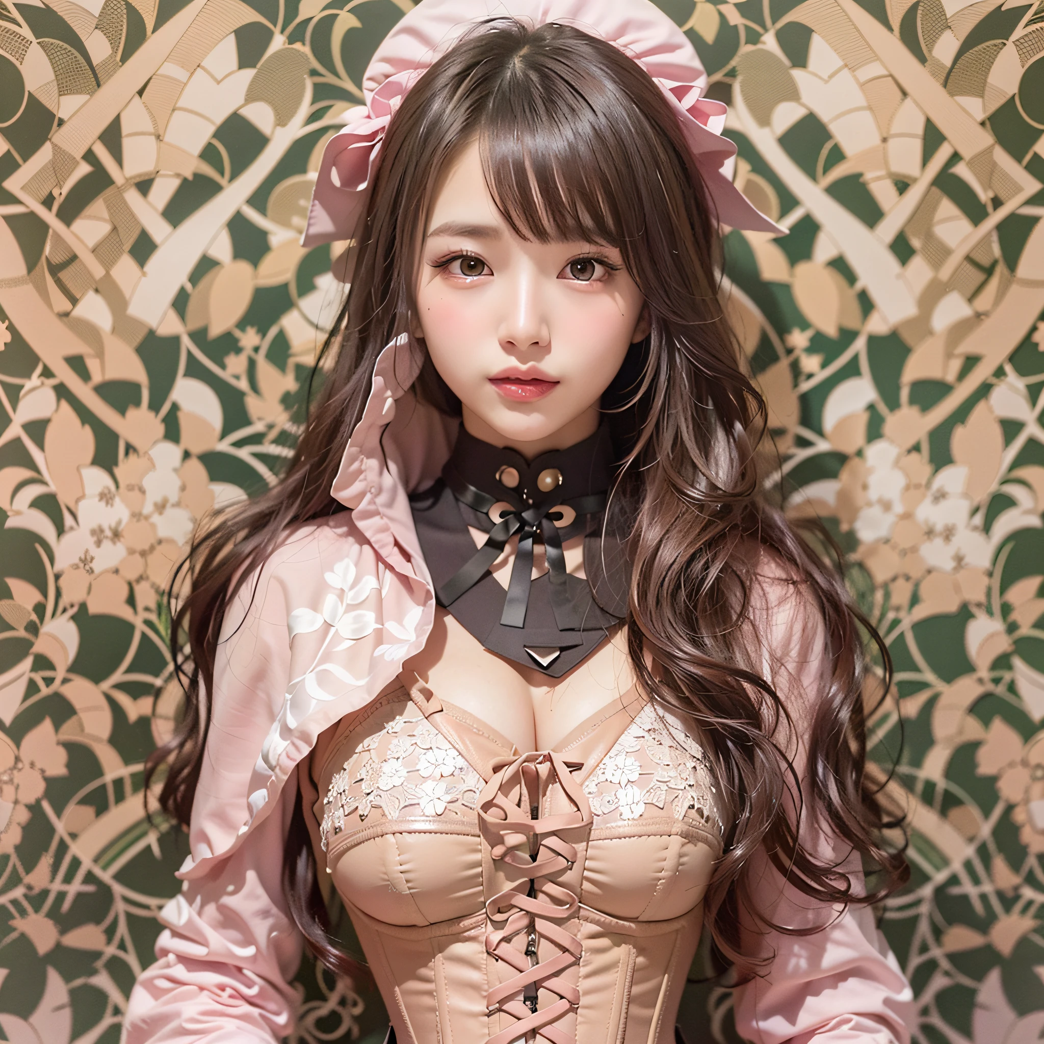 (Background, symmetrical, Compositions with coloful geometric arabesque patterns):1.3, (fullbody:1.3),  (poneyTail, dark brown hair), (top-quality, Photorealsitic:1.4, masterpiece:1.3, RAW Photography:1.2, cinematric light, very detailed illustration), (1woman:1.3, solo), (asian girl, ultra delicate face, ultra Beautiful fece, ultra delicate eyes, ultra detailed nouse, ultra detailed mouth, ultra detailed facial features), (rubber, Pink corset, garterbelts, shackle:1.37),  (medium breast:1.3), from the front side, skiny, lipgloss, Show cleavage