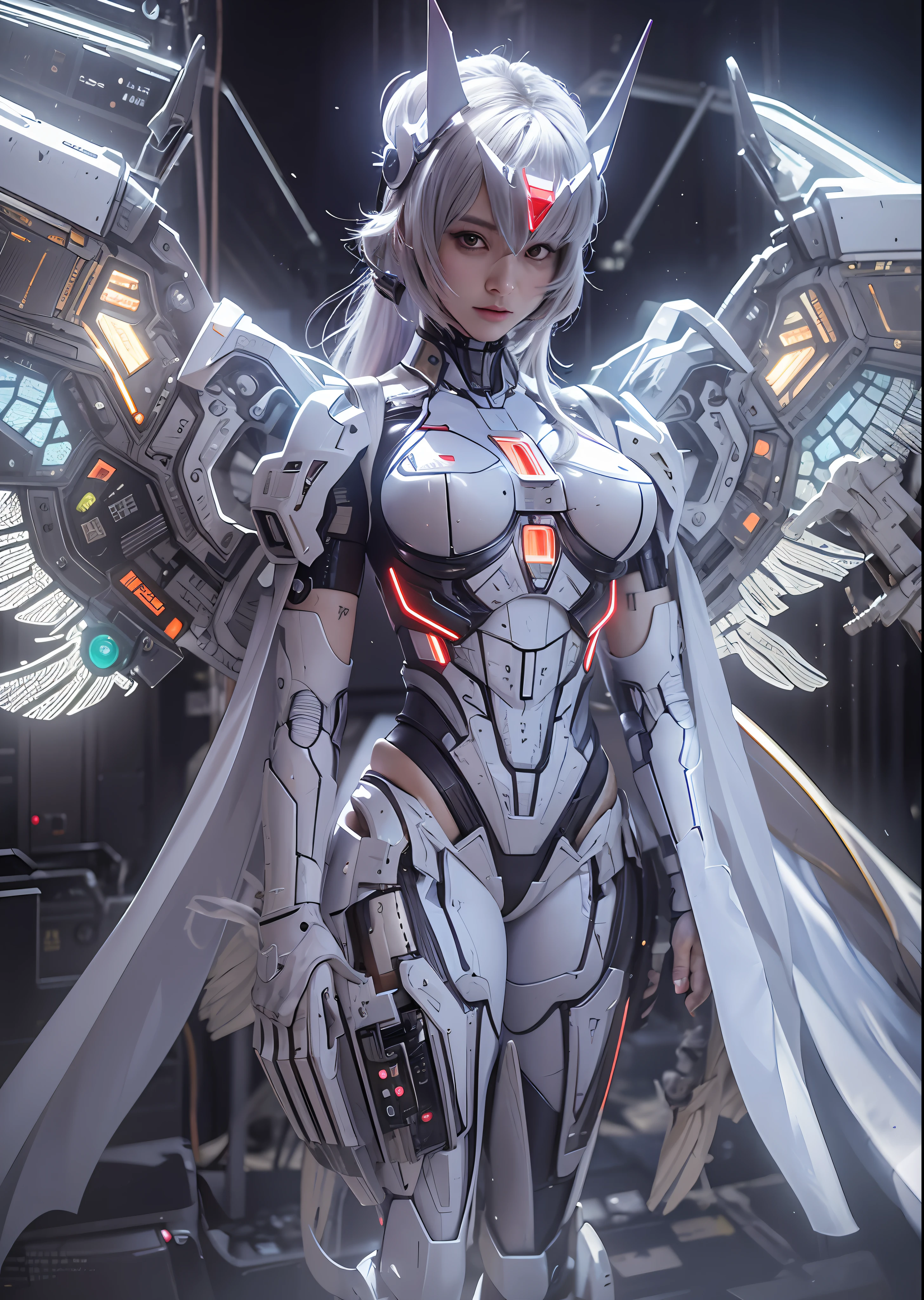 top-quality、masterpiece、超A high resolution、(Photorealsitic:1.4)、Raw photo、Battle Cyborg Angel、large wings made of metal、White porcelain body、Acrylic Clear Cover、white hair、glowy skin、1 Cyborg Girl、((super realistic details))、portlate、globalillumination、Shadow、octan render、8K、ultrasharp、character edge light,Colossal tits、Raw skin is exposed in cleavage、Details of complex ornaments、Zeta Gundam details、Hydraulic cylinder、Small LED lamp、highly intricate detail、Realistic light、a purple eye、radiant eyes、Facing the camera、neon details、cowboy shot、Futuristic headgear、About Cyberpunk、、