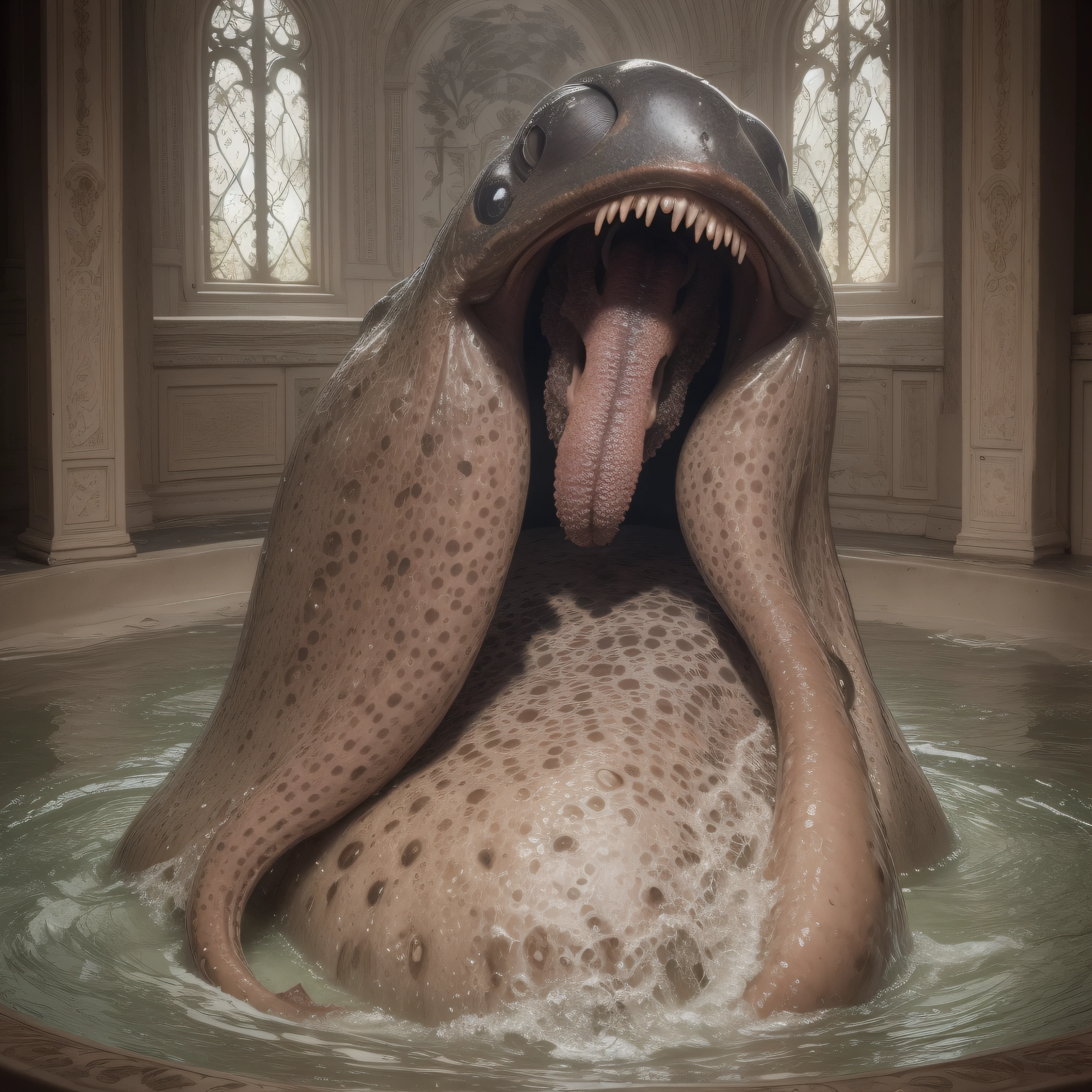 (extremadamente detallado, obra maestra, La mejor calidad), Estilo oscuro, intense illumination, rostro con arrugas, lengua larga, tentacle, deforme, monstruoso, interior de una piscina de agua verdosa, imagen submarina, alien con Colmillos finos, pico de pulpo amenazante. manchas de tinta. Rococo composition. Luz de caravaggio
