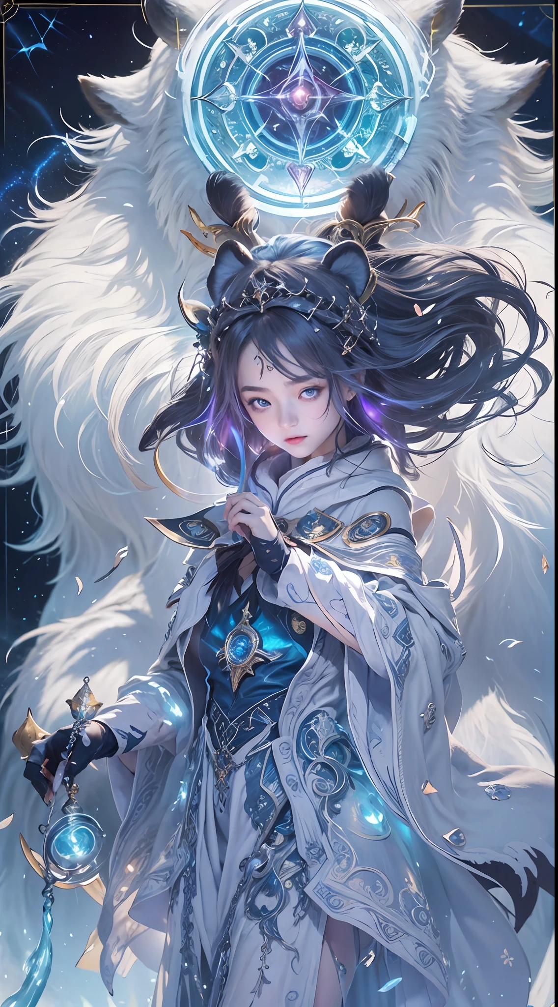 A crystal castle sealed in a magic book,Blood,Night, Dark, (fantasy),unlimited,Deep blue sky,The abyss of knowledge,cowl,((masutepiece)), (((Best quality))),((Beautiful fine eyes)),(eyeslashes)、(((Beautiful girl riding a huge white bear)))、(1 rapariga)、The perfect human structure、Blowing in the wind、long whitr hair、abyss eyes、glowy skin、oiled、small tits、Wizard robes、Tattered fabric、Realistic coat、Think、Super delicate CG Unity 32k wallpaper、tmasterpiece, ((ultra - detailed)), ((illustratio)),Extremely colorful,the wallpaper,energy,Unknown terror,mind bending,Around the magic,Magical environment,wands,Boken,Flight page,Know it all,Predicting the future、Learn about the past、Infinite wisdom、Blue Flame、Warlock、Magic Circles、pentacle、Spells、mantra、Singing magic