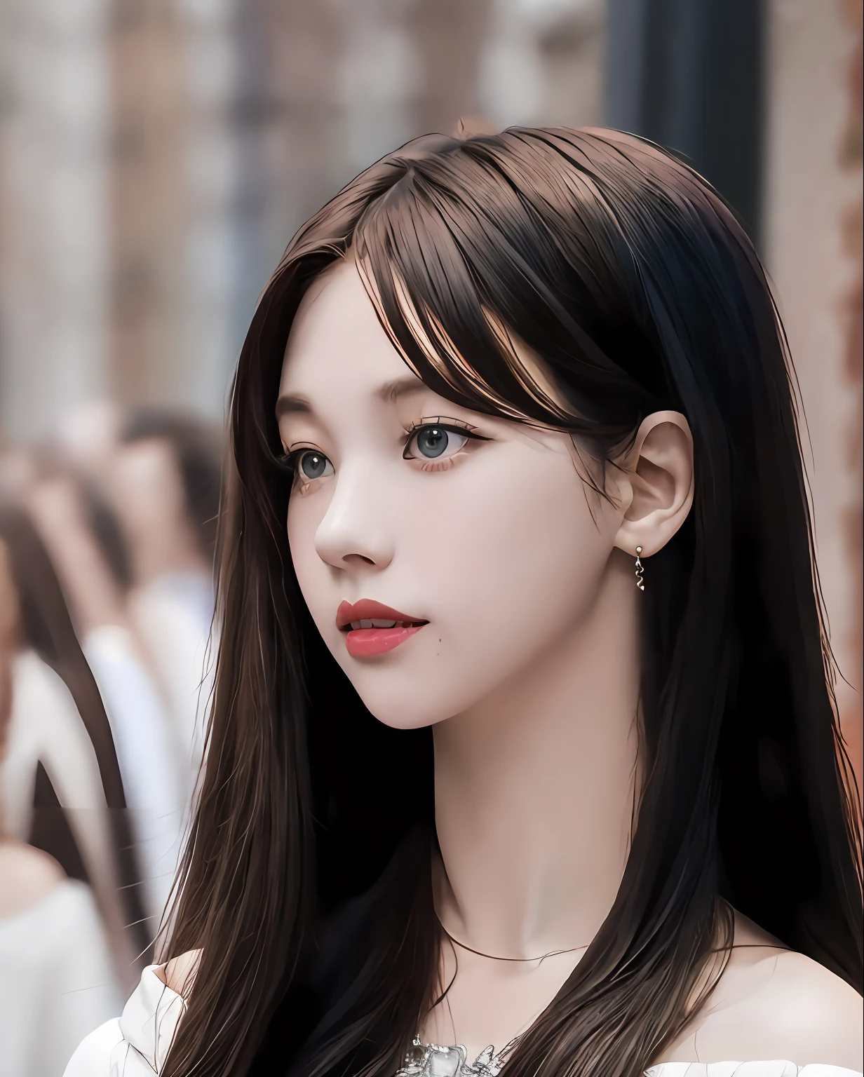 Woman standing in front of camera, hair adornments,a blond、piercings、 full body Esbian、nedium breasts, Wearing off-the-shoulder white clothes, Pose for Art Photo, piercings、frontage、cluster、elegant portrait, a blond、the wind、Photo Portrait 4K, 50mm portrait, looking her shoulder, a photography of a beautiful woman, elegant profile pose, 60mm portrait, photo portrait, portrait of a beautiful model, profile pose, fine art portrait photography, Sensual Woman, elegant profile pose、