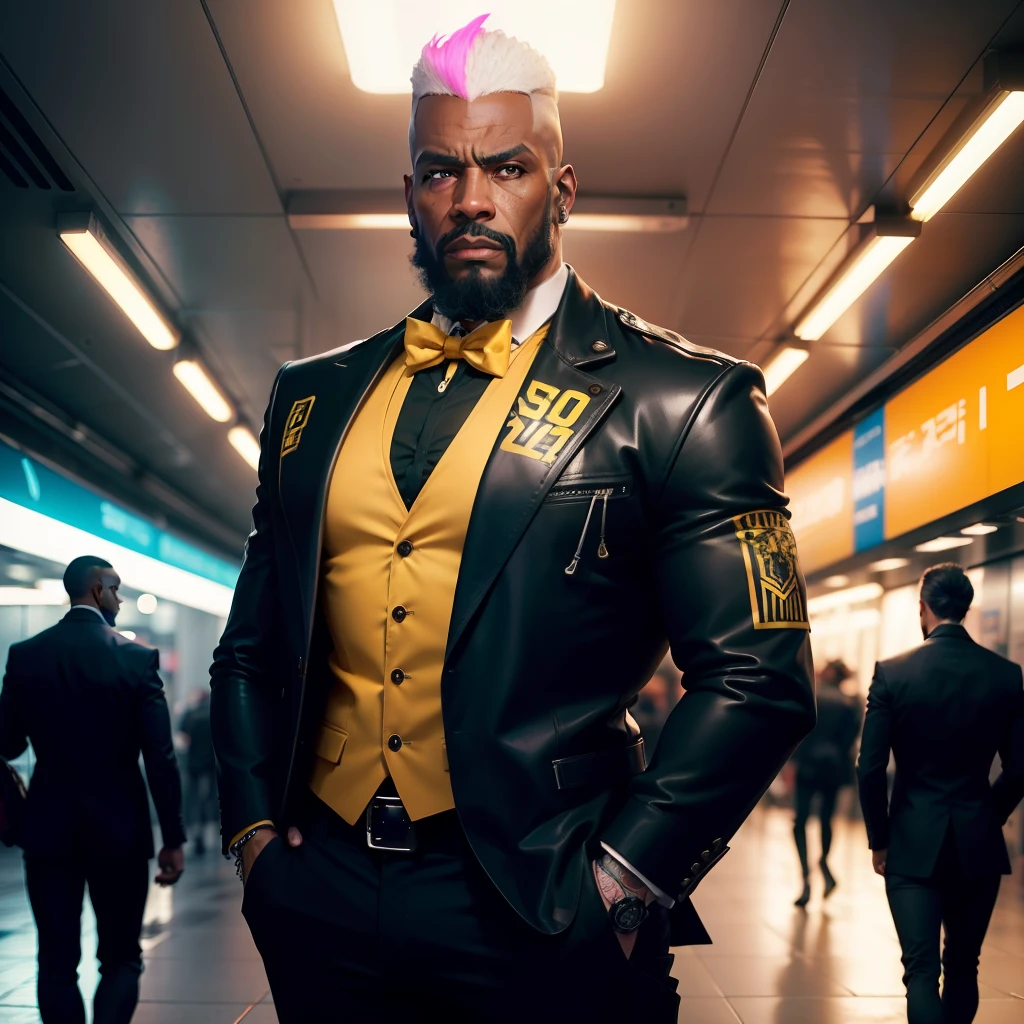 gostaria de uma imagem estilo cyberpunk em 4k de 3 personagens de mais ou menos 40 anos ,portanto,portanto,africano, forte, musculoso de pele negra ,barba grande,barba, Estiloso Barbon,com cabelo punk estilo anos 80 na cor amarelo e cinza escuro,muito eLegante,, futurista e estiloso neon , com uma tatuagem super colorida e com neon ,Toattoo, facing a metro station on the platform , with station lights failing in a dimly lit environment, standing dressed in a dark yellow suit with a pink bow tie and baggy shirt.