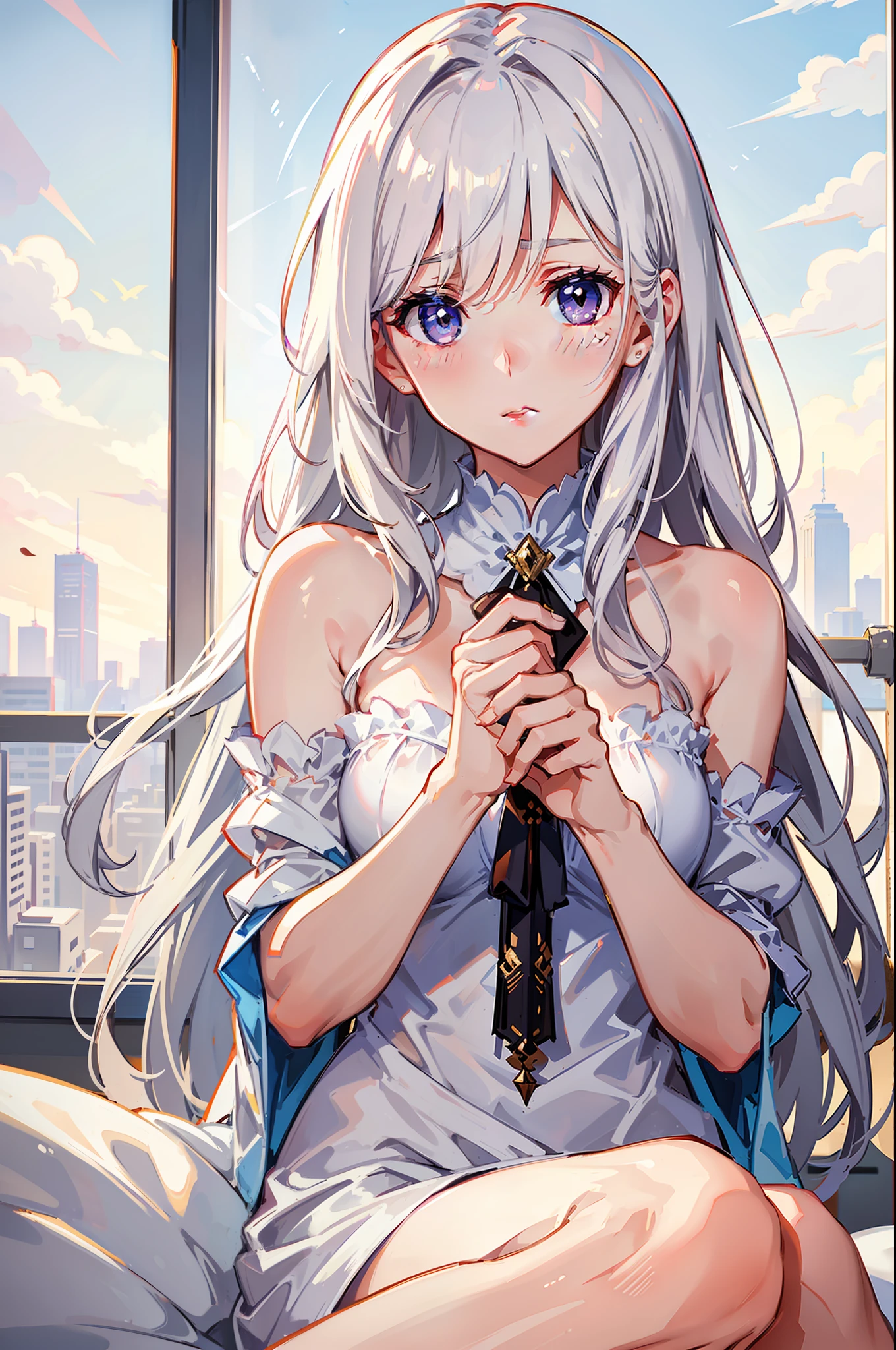 (Carefully portray clothes),Cold white skin,(Carefully portray blush),8K quality,suns,Soft cute,Smooth hair,Messy beauty,lamplight,Sense of brokenness;