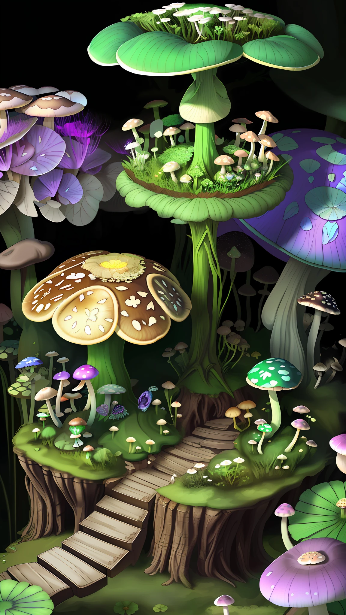 "Mushroom forest,butterflys,lotuses,the elf,four-leaf clover,Cyber Mushroom Forest,Ultra-detailed digital fantasy art。Mushrooms are everywhere in the picture,The unique mushroom shape creates a magical casa scene。"