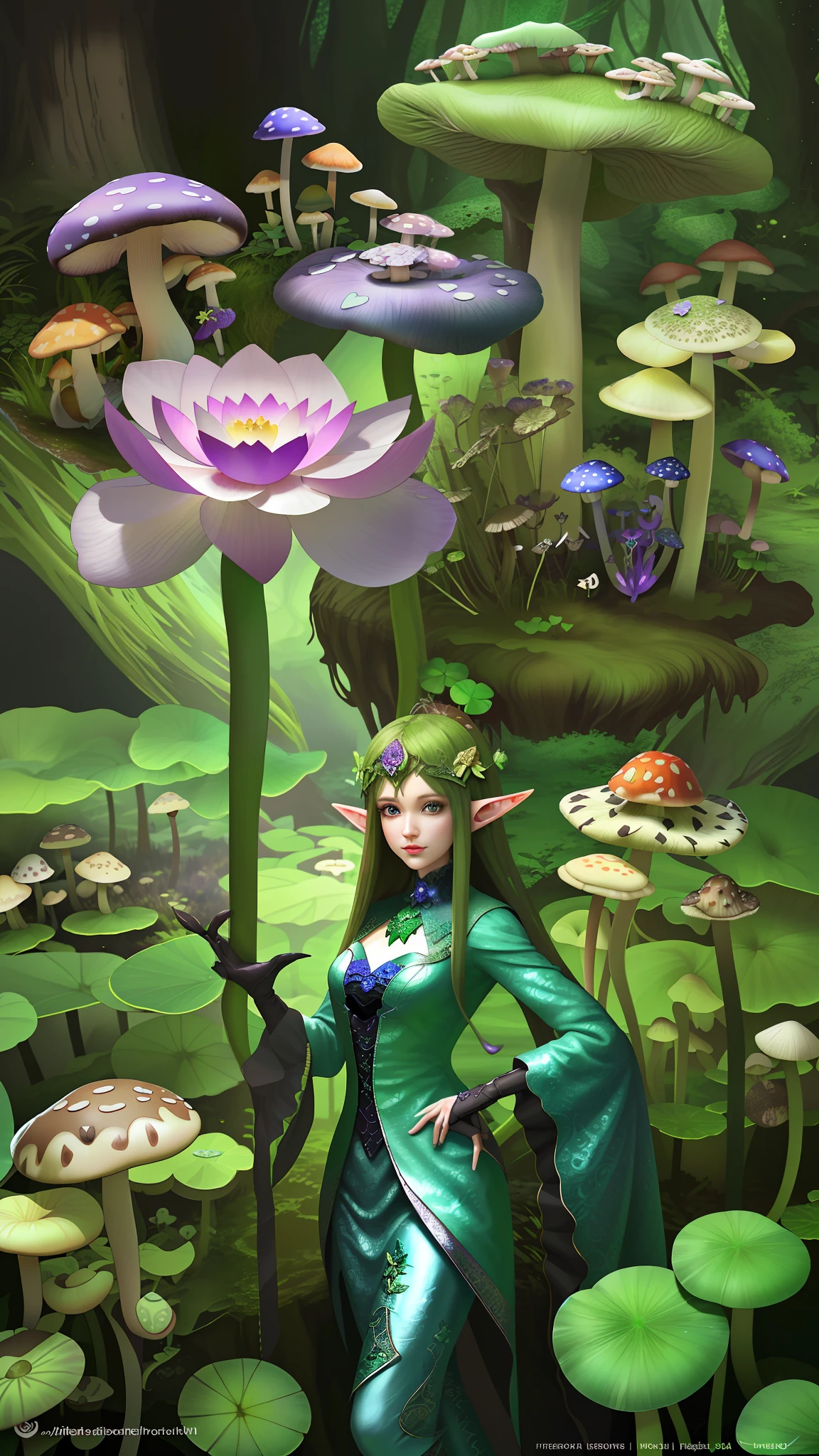 "Mushroom forest,butterflys,lotuses,the elf,four-leaf clover,Cyber Mushroom Forest,Ultra-detailed digital fantasy art。Mushrooms are everywhere in the picture,The unique mushroom shape creates a magical casa scene。"