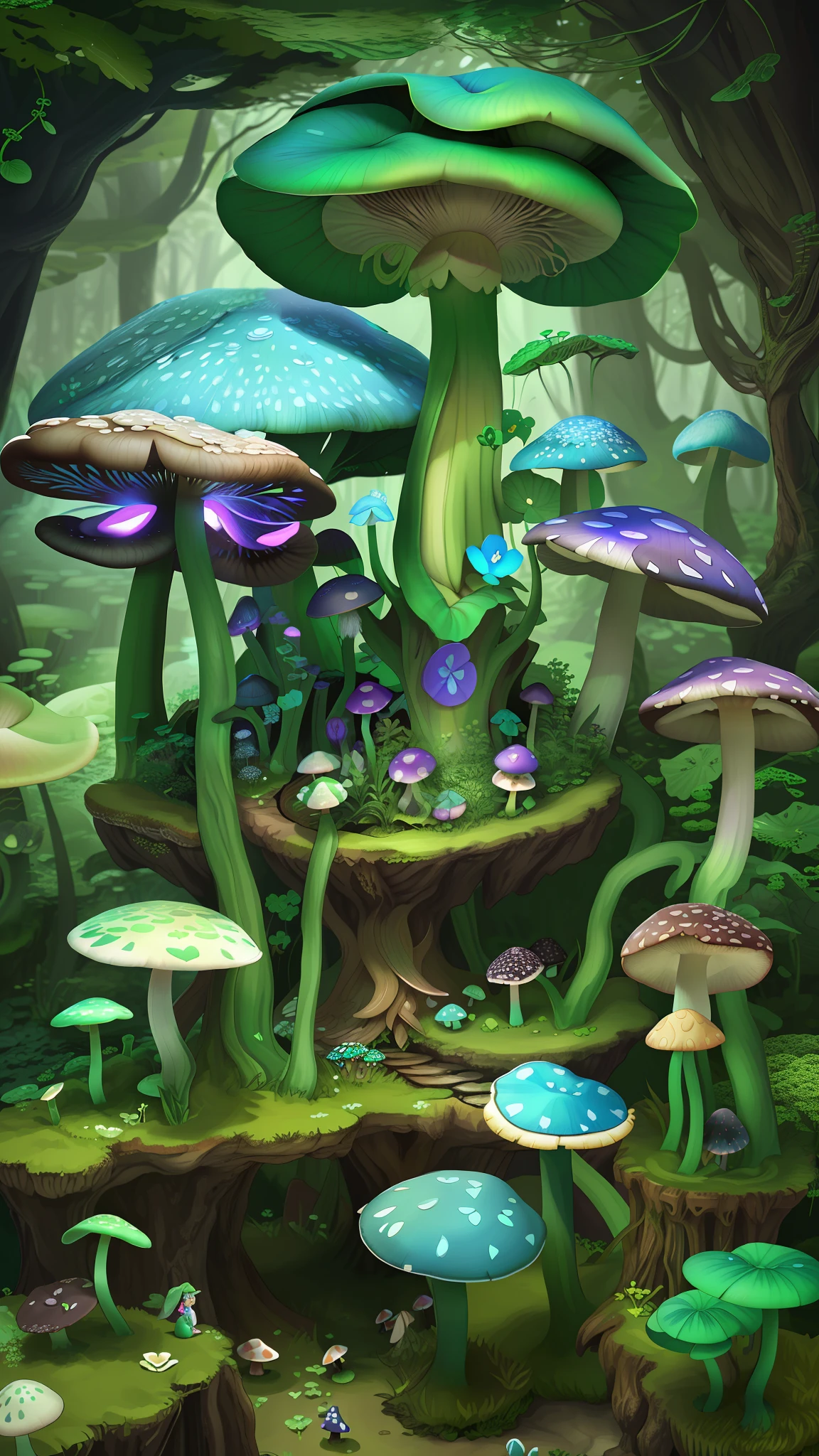 "Mushroom forest,butterflys,lotuses,the elf,four-leaf clover,Cyber Mushroom Forest,Ultra-detailed digital fantasy art。Mushrooms are everywhere in the picture,The unique mushroom shape creates a magical casa scene。"
