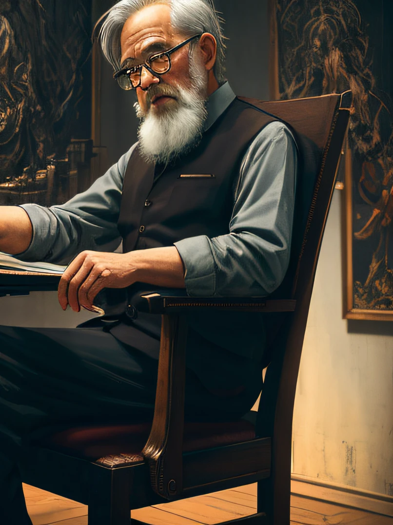 oldman in chair, complex stuff around, intricate in the background, art, close up, painting, detailed, cartoon, cinematic shot, fantasy, low saturation, vignette, [hdr]