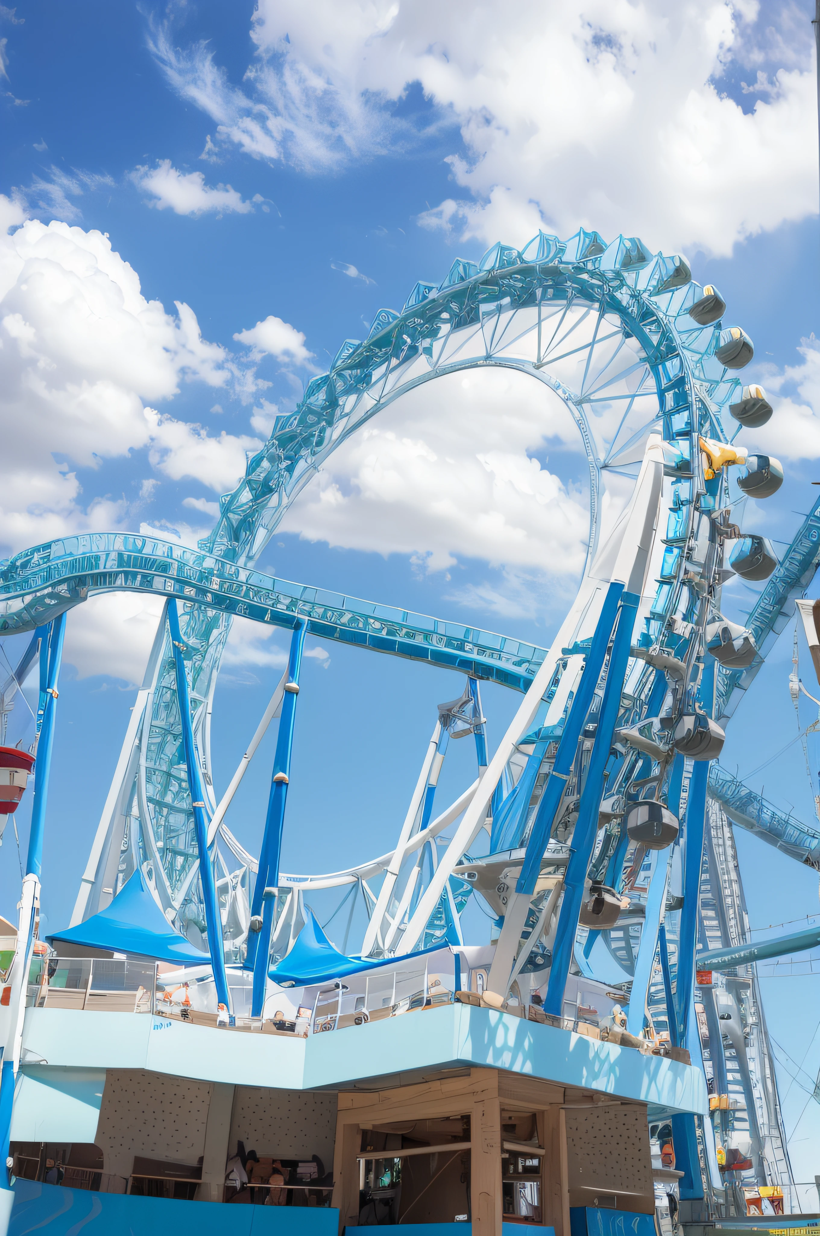 Arafe roller coaster in the park with blue sky and white clouds, Amusement park attractions, amusement park, rides, Amusement park buildings, theme park, rollercoaster, rollercoaster, Roller coaster, the photo shows a large, the Ferris wheel, amusement park interior design, Digger Land Amusement Park, stratosphere, ( the Ferris wheel ), A charming, Post-apocalyptic theme parks