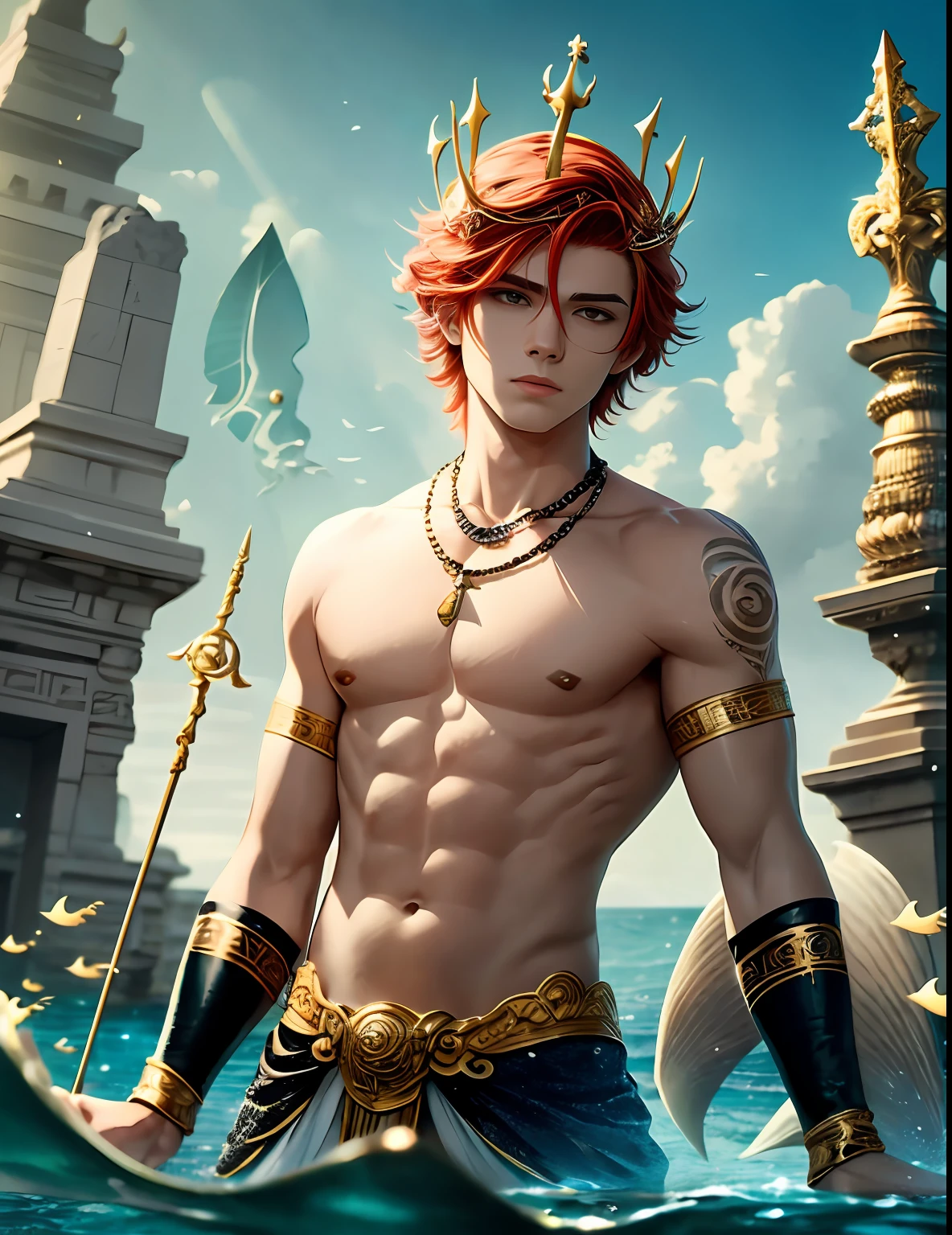 God of the seas, with a trident, adolescent, with a crown of shells, a teenage man, god of the deep, with bright runes on the body, in a submerged temple, siren, mermaids, short hair, stylish and short hair, red hair, brown skin