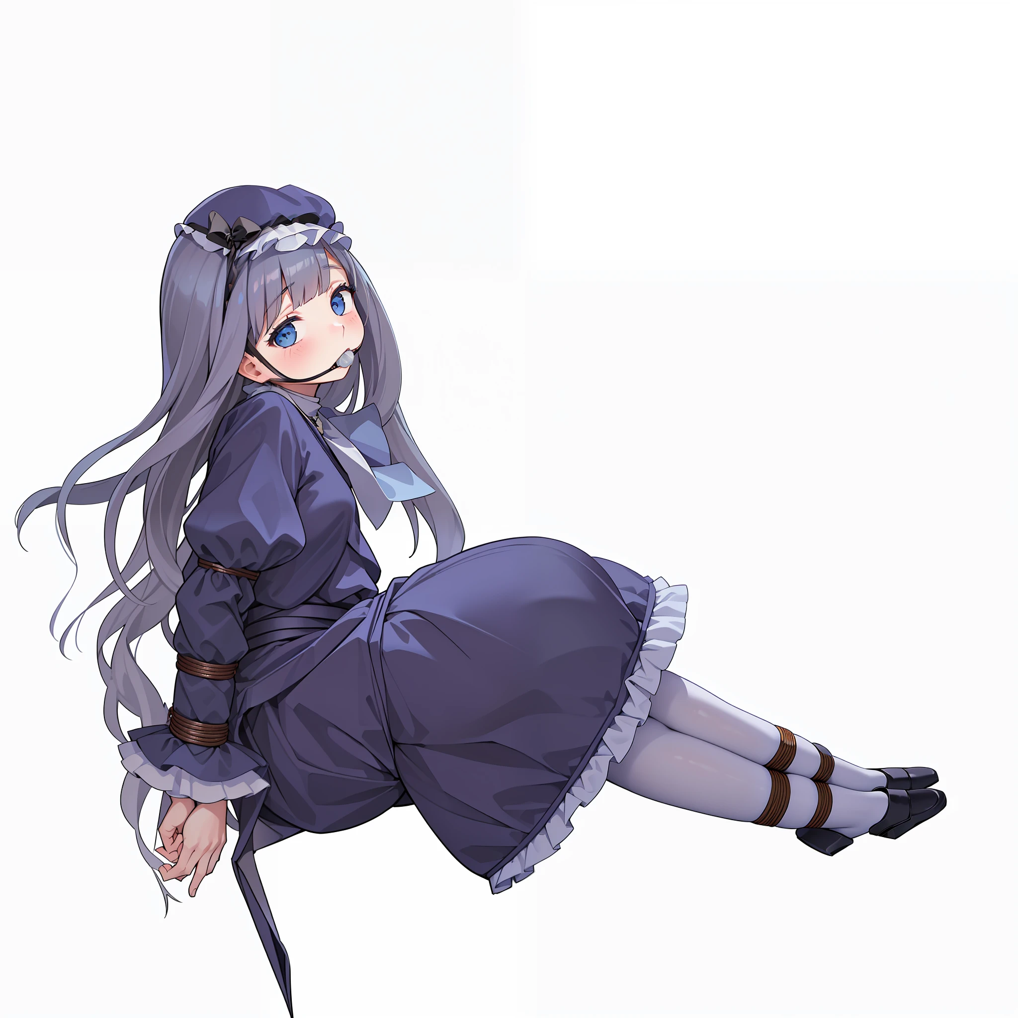 masterpiece, best quality, girl,(((ojousama))), ((blush)),hat,black hair, blue eyes,blue dress,((lolita_fashion)),((white pantyhose)),((((mary_janes)))), ((arms_behind_back)),((legs together)), (((bondage))), (((shibari))),(((gag))),