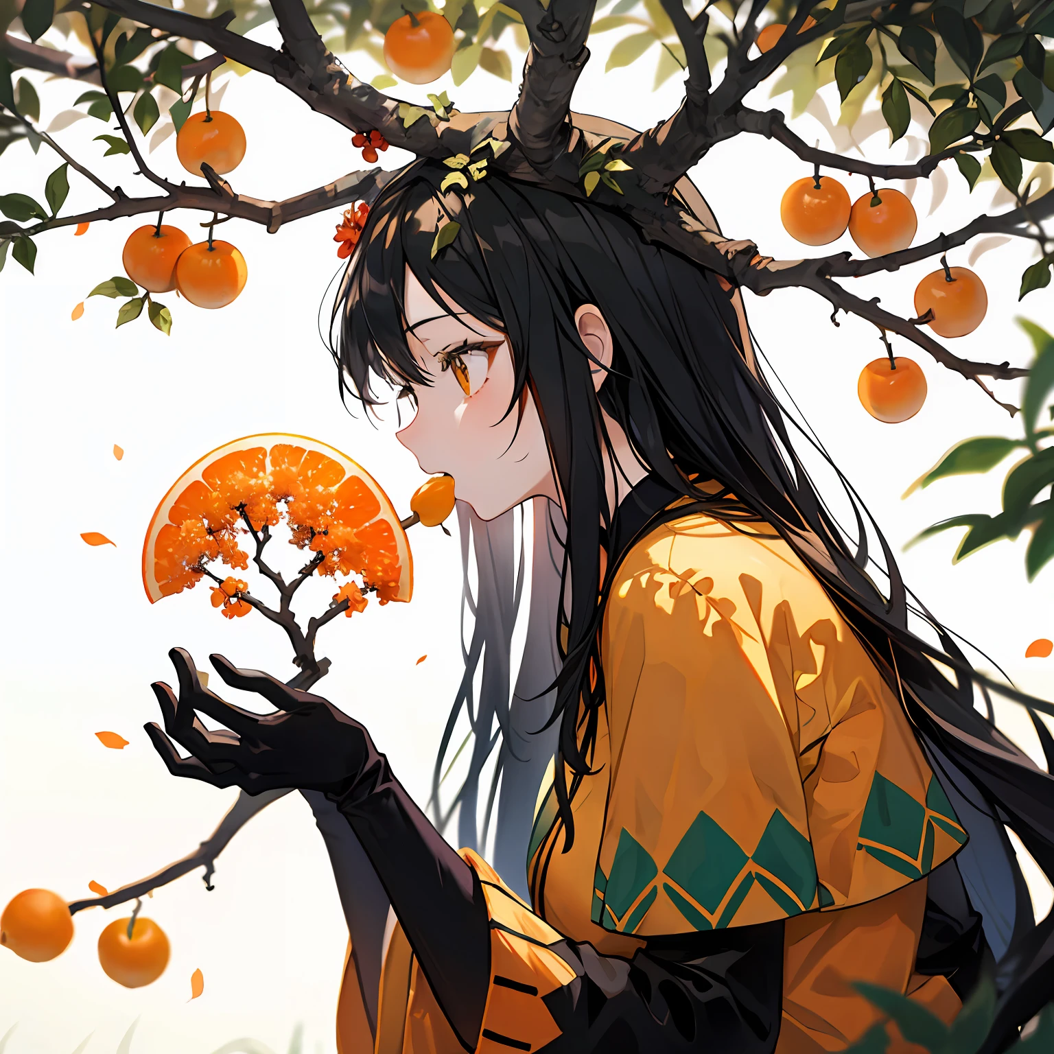 from side,profile,orange tree,1girl,tree branch on head,wooden hands,branch,fractral,eat