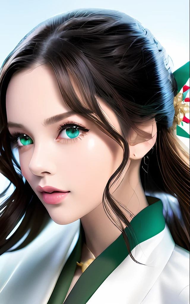 There is a woman standing in front of the camera, full_body, breast, han-fu, green eyes, stars, wind, Posing for Art Photos, cluster、elegant portrait, A dark-haired、Red eyes、the wind、Photo Portrait 4K, 50mm portrait, cleavage of the breast, a photography of a beautiful woman, elegant profile pose, 60mm portrait, photo portrait, portrait of a beautiful model, profile pose, fine art portrait photography, Sensual Woman, elegant profile pose, looking_at_viewers