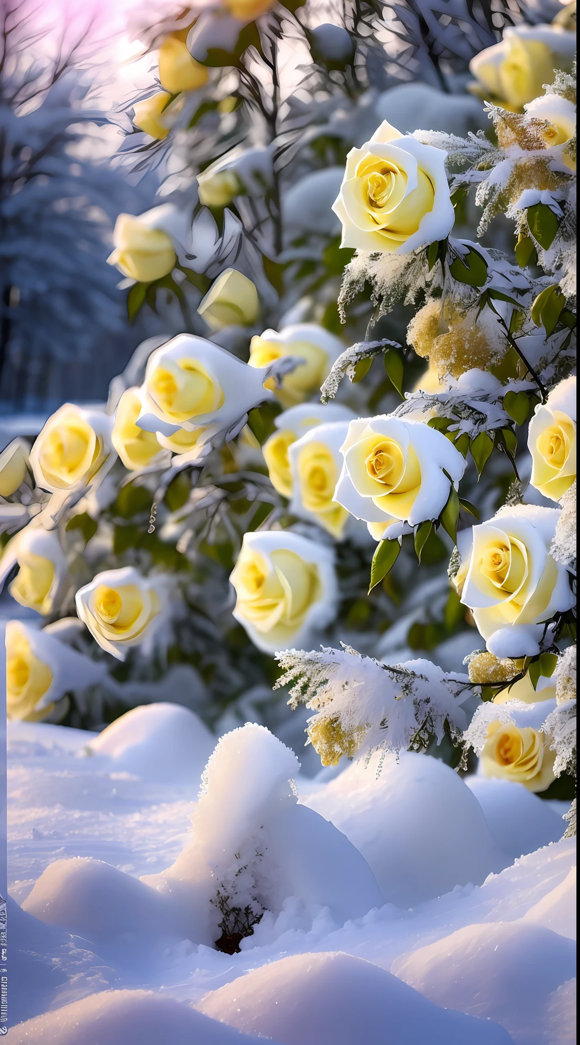 There is a clump of yellow roses covered in snow, Covered with snow, winter setting, Winter in the snow, with frozen flowers around her, soft light of winter, Gentle snow, glowing snow, with soft bushes, Incredibly beautiful, winter vibrancy, snow glow, roses in cinematic light, Cold but beautiful, warm beautiful scene, Beautiful wallpaper, Beautiful composition