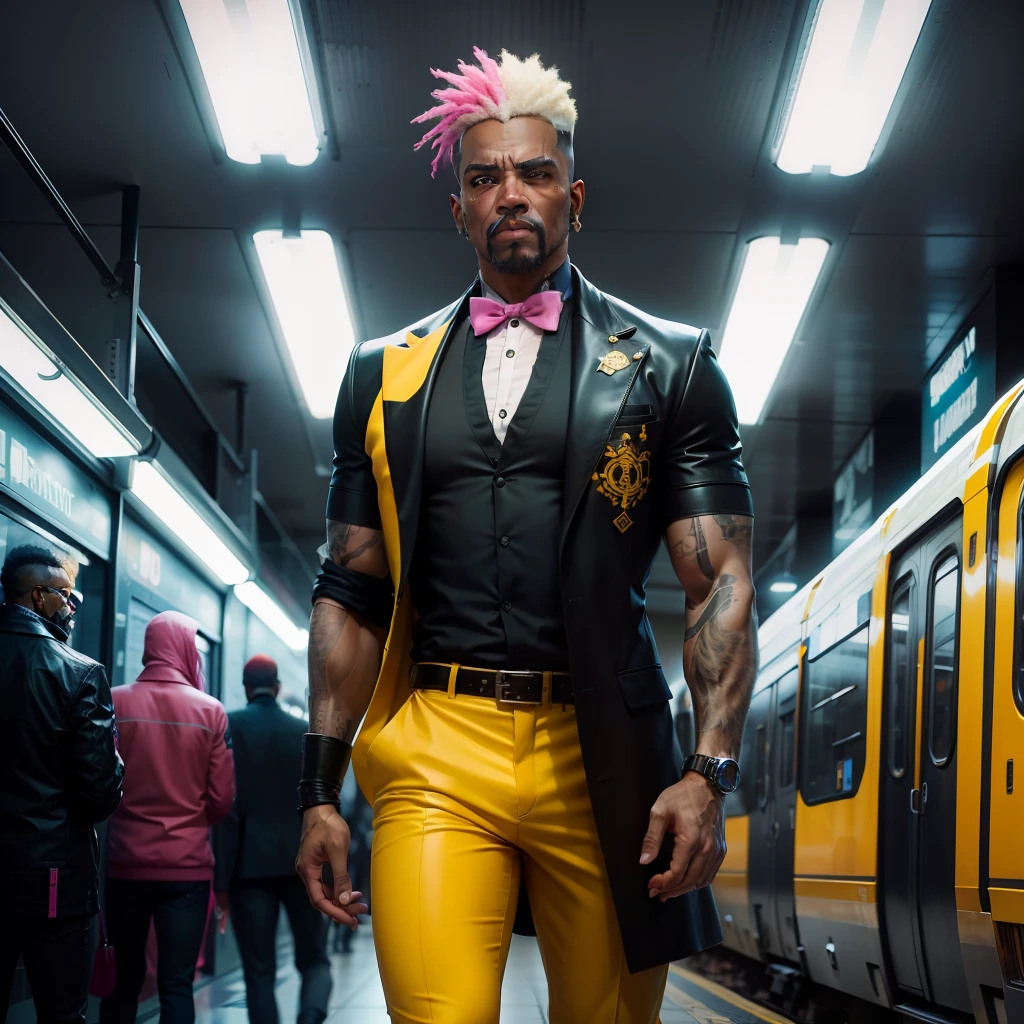 gostaria de uma imagem estilo cyberpunk em 4k de 3 personagens de mais ou menos 40 anos ,portanto,portanto,africano, forte, musculoso de pele negra ,barba grande,barba, Estiloso Barbon,com cabelo punk estilo anos 80 na cor amarelo e cinza escuro,muito eLegante,, futurista e estiloso neon , com uma tatuagem super colorida e com neon ,Toattoo, facing a metro station on the platform , with station lights failing in a dimly lit environment, standing dressed in a dark yellow suit with a pink bow tie and baggy shirt.