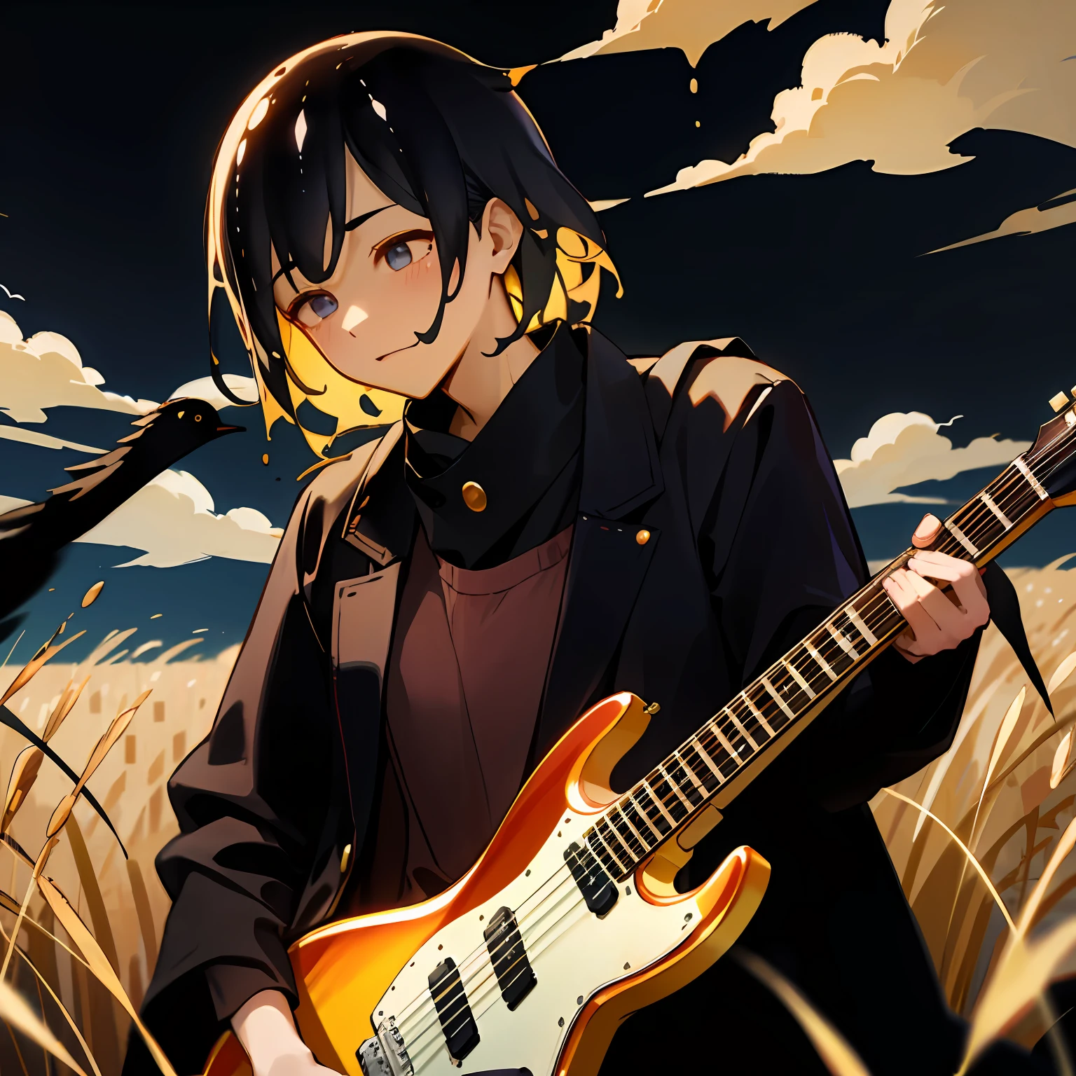 Handsome electric guitarist,Full of lonely emotions,Run through vast golden wheat fields full of excitement,The sound of the guitar echoed in the silent emptiness,Crows hover over wheat fields。