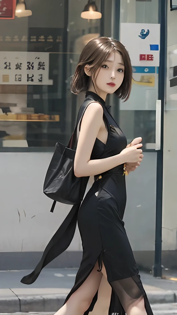 Black cheongsam，On the side of the street，blacksilk