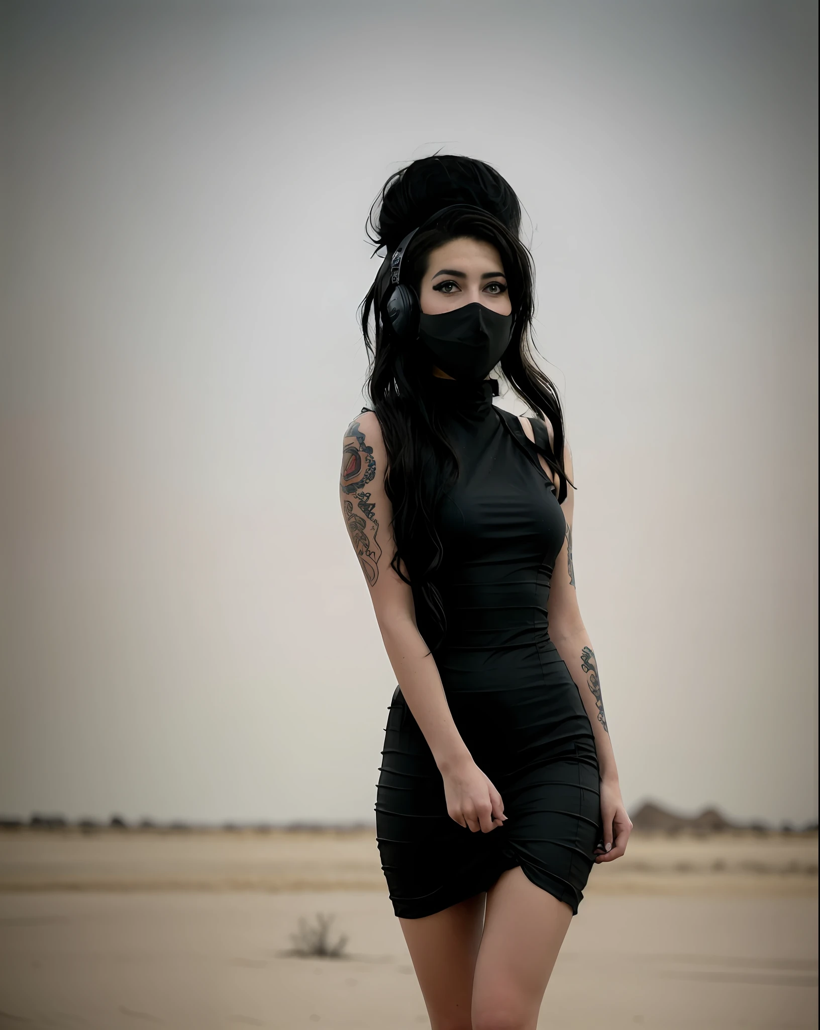 incredible masterpiece, una  Mujer con un vestido negro de pie en un desierto, Ella lleva un vestido negro, in an empty and desolate wasteland, Imagen de un video musical, photograph of a techwear woman, in a post apocalyptic setting, photo from a promotional session, Video musical oficial, photo session, Editorial images, photo session, obra maestra, amazing AW, dressed as a 50s pinup,  Cinematographer, tendencia en 500px, Successful sharp focus, Detalles intrincados, Professional DSLR RAW photography,  cara y ojos detallados, realista, epica resolucion, calidad epica, increible imagen realista de cuerpo entero, delgada, hermosa, no tiene defectos, delgada, tatuajes en los brazos, tatuajes en las piernas, muy sexy, hermosa, caderas amplias,