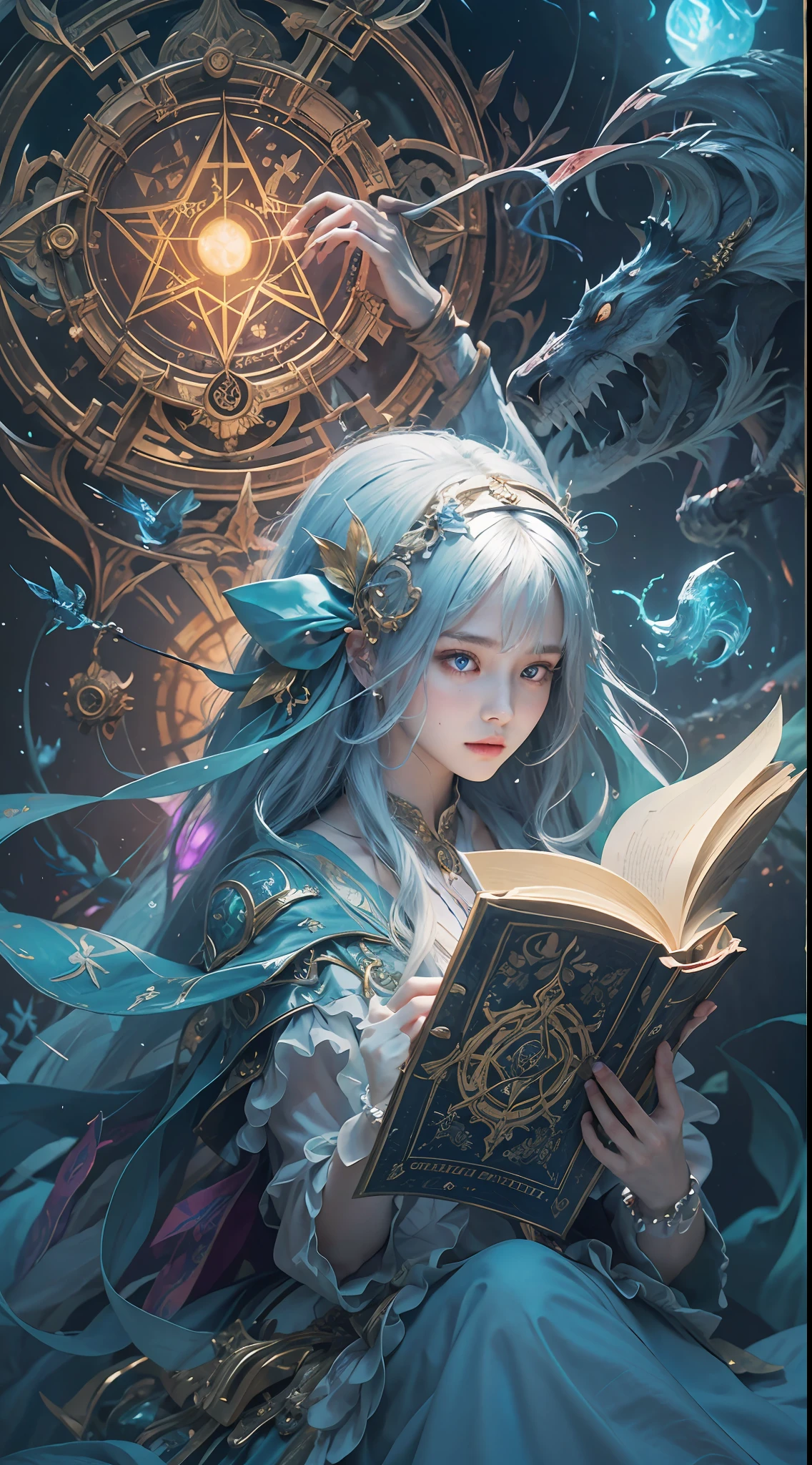A crystal castle sealed in a magic book,Blood,Night, Dark, (fantasy),unlimited,Deep blue sky,The abyss of knowledge,cowl,((masutepiece)), (((Best quality))),((Beautiful fine eyes)),(eyeslashes)、(((Beautiful girl riding a huge white bear)))、(1 rapariga)、The perfect human structure、Blowing in the wind、long whitr hair、abyss eyes、glowy skin、oiled、small tits、Wizard robes、Tattered fabric、Realistic coat、Think、Super delicate CG Unity 32k wallpaper、tmasterpiece, ((ultra - detailed)), ((illustratio)),Extremely colorful,the wallpaper,energy,Unknown terror,mind bending,Around the magic,Magical environment,wands,Boken,Flight page,Know it all,Predicting the future、Learn about the past、Infinite wisdom、Blue Flame、Warlock、Magic Circles、pentacle、Spells、mantra、Singing magic