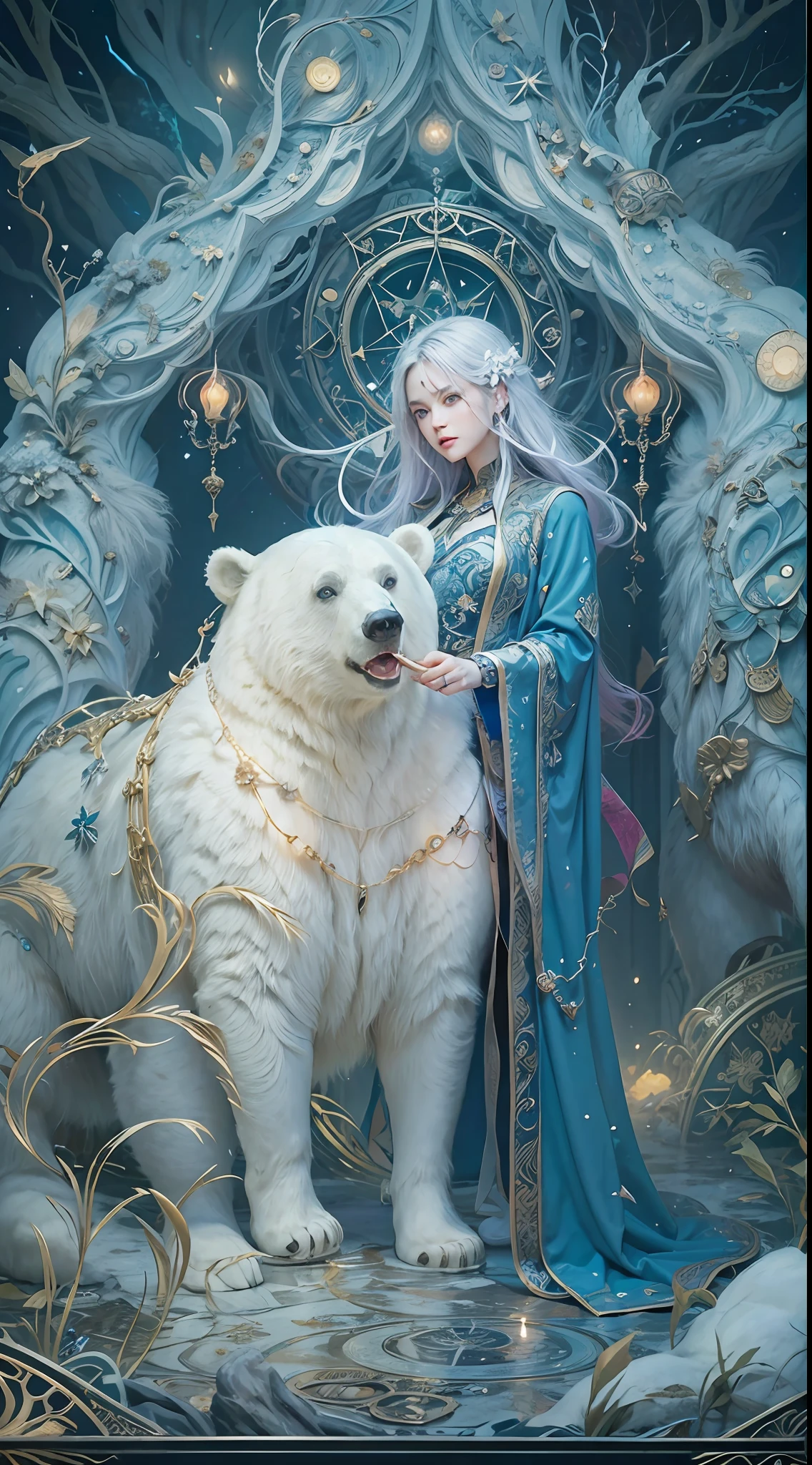 A crystal castle sealed in a magic book,Blood,Night, Dark, (fantasy),unlimited,Deep blue sky,The abyss of knowledge,cowl,((masutepiece)), (((Best quality))),((Beautiful fine eyes)),(eyeslashes)、(((Beautiful girl riding a huge white bear)))、(1 rapariga)、The perfect human structure、Blowing in the wind、long whitr hair、abyss eyes、glowy skin、oiled、small tits、Wizard robes、Tattered fabric、Realistic coat、Think、Super delicate CG Unity 32k wallpaper、tmasterpiece, ((ultra - detailed)), ((illustratio)),Extremely colorful,the wallpaper,energy,Unknown terror,mind bending,Around the magic,Magical environment,wands,Boken,Flight page,Know it all,Predicting the future、Learn about the past、Infinite wisdom、Blue Flame、Warlock、Magic Circles、pentacle、Spells、mantra、Singing magic