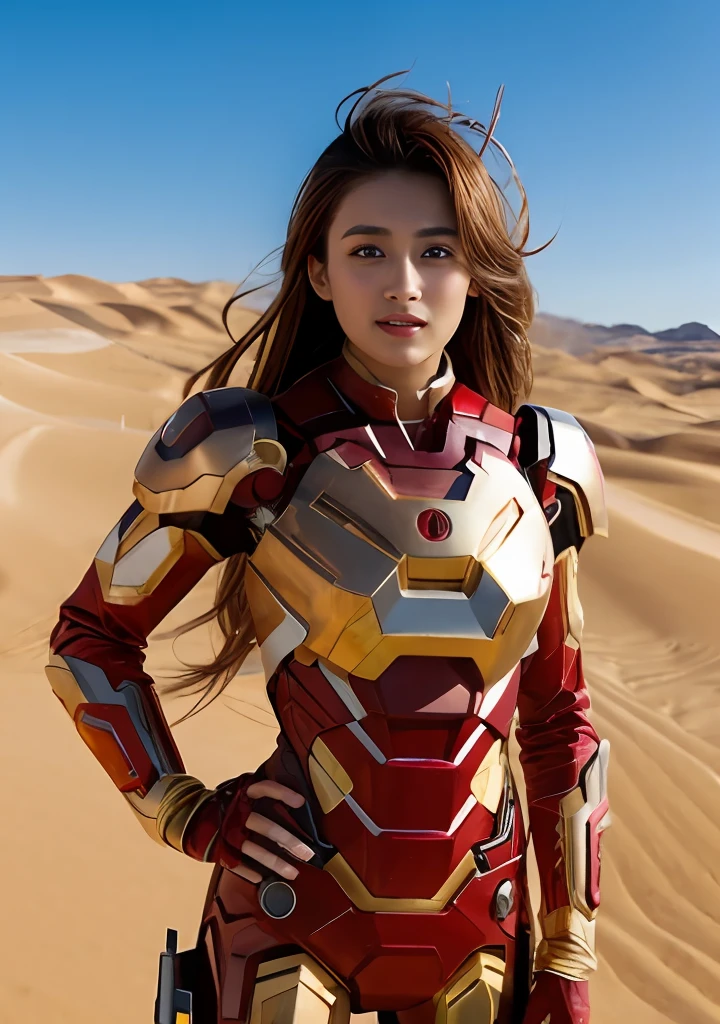 masterpiece、top-quality、longshot、in 8K、amazingly beautiful girl、Natural makeup、colourful hair、hyperdetailed face、二重まぶた、Iron Man Costume、large full breasts、clean legs、A desert、、电影灯光