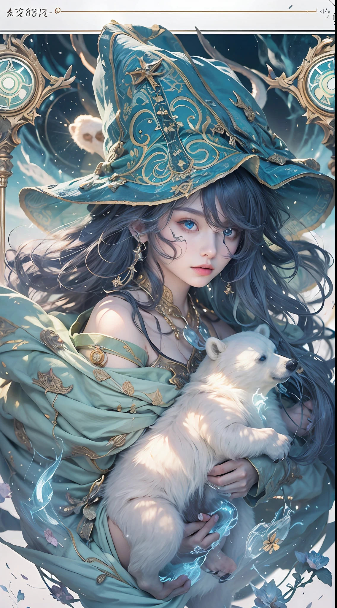 A crystal castle sealed in a magic book,Blood,Night, Dark, (fantasy),unlimited,Deep blue sky,The abyss of knowledge,cowl,((masutepiece)), (((Best quality))),((Beautiful fine eyes)),(eyeslashes)、(((Beautiful girl riding a huge white bear)))、(1 rapariga)、The perfect human structure、Blowing in the wind、long whitr hair、abyss eyes、glowy skin、oiled、small tits、Wizard robes、Tattered fabric、Realistic coat、Think、Super delicate CG Unity 32k wallpaper、tmasterpiece, ((ultra - detailed)), ((illustratio)),Extremely colorful,the wallpaper,energy,Unknown terror,mind bending,Around the magic,Magical environment,wands,Boken,Flight page,Know it all,Predicting the future、Learn about the past、Infinite wisdom、Blue Flame、Warlock、Magic Circles、pentacle、Spells、mantra、Singing magic