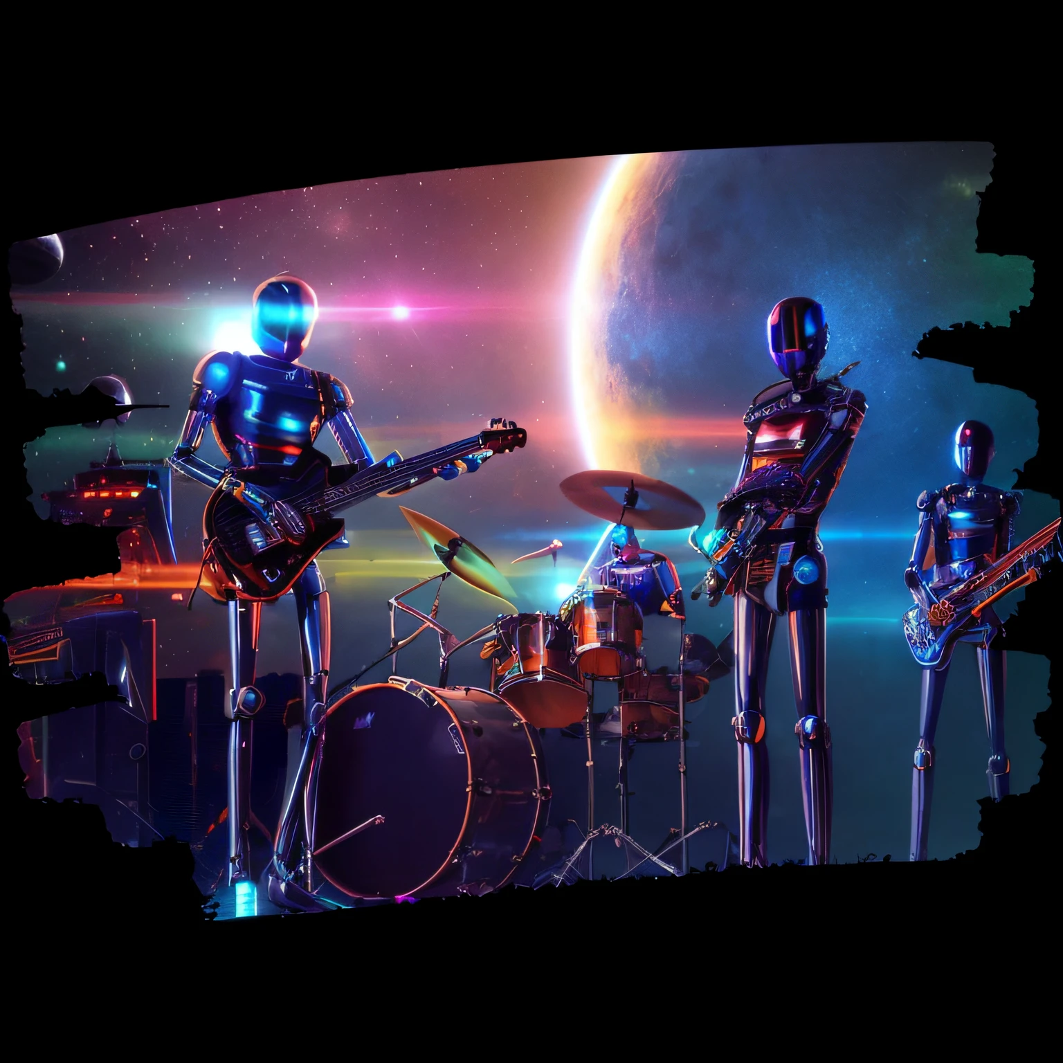 um close up de um grupo de pessoas em uma banda com uma guitarra, the band name is roborock, arte de fundo, imagem synthwave, arte synthwave, Cyber Songman, estilo de arte synthwave, instrumentos brilhantes e brilhantes, robots, Arte Promocional, A scooter ( Banda EDM, Album art, banda de rock, metal robots, Estilo Synthwave